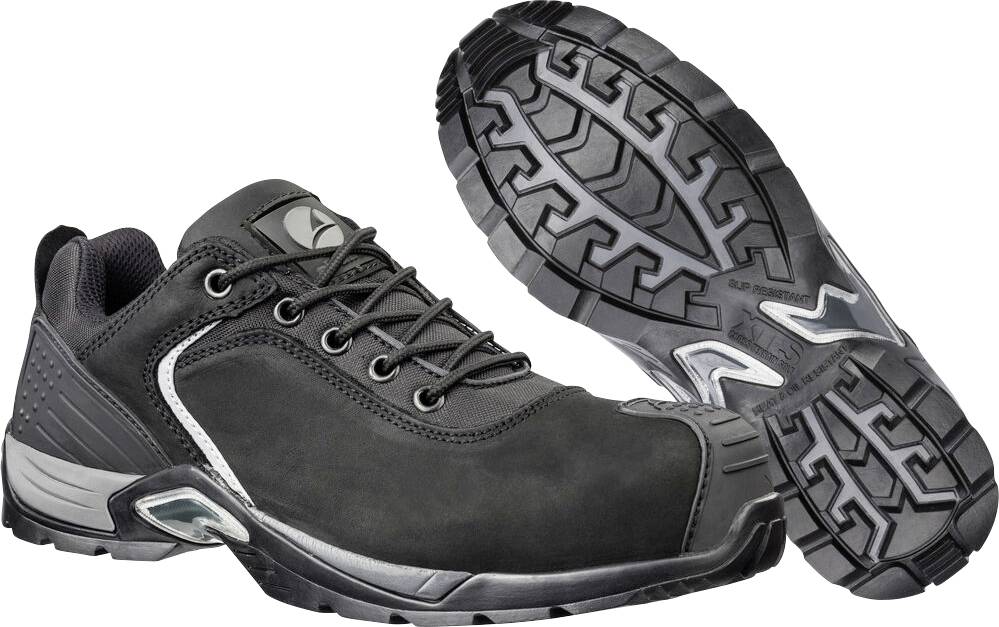 Schwarzer sportlicher Arbeitsschuh in Seitenansicht mit einem zweiten Schuh im Winkel, um die Profilsohle zu zeigen.