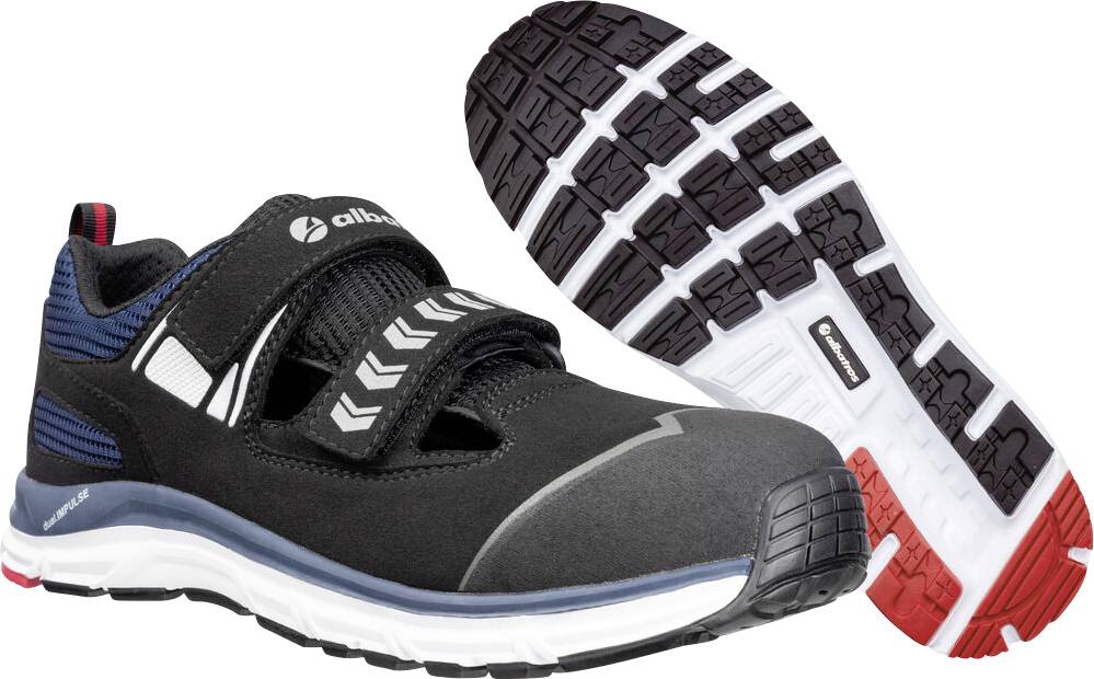 Schwarzer und blauer Sicherheitsschuh für den Sportbereich, gezeigt mit der Sohle, mit verstärkter Zehenkappe, Klettverschluss und roten Griffabschnitten.