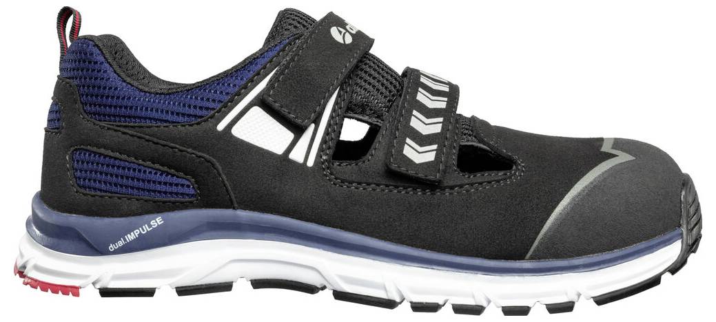 Schwarzer und blauer Sportschuh in Seitenansicht mit weißer Sohle, Klettverschlussbändern und "dual IMPULSE"-Branding auf der Ferse.
