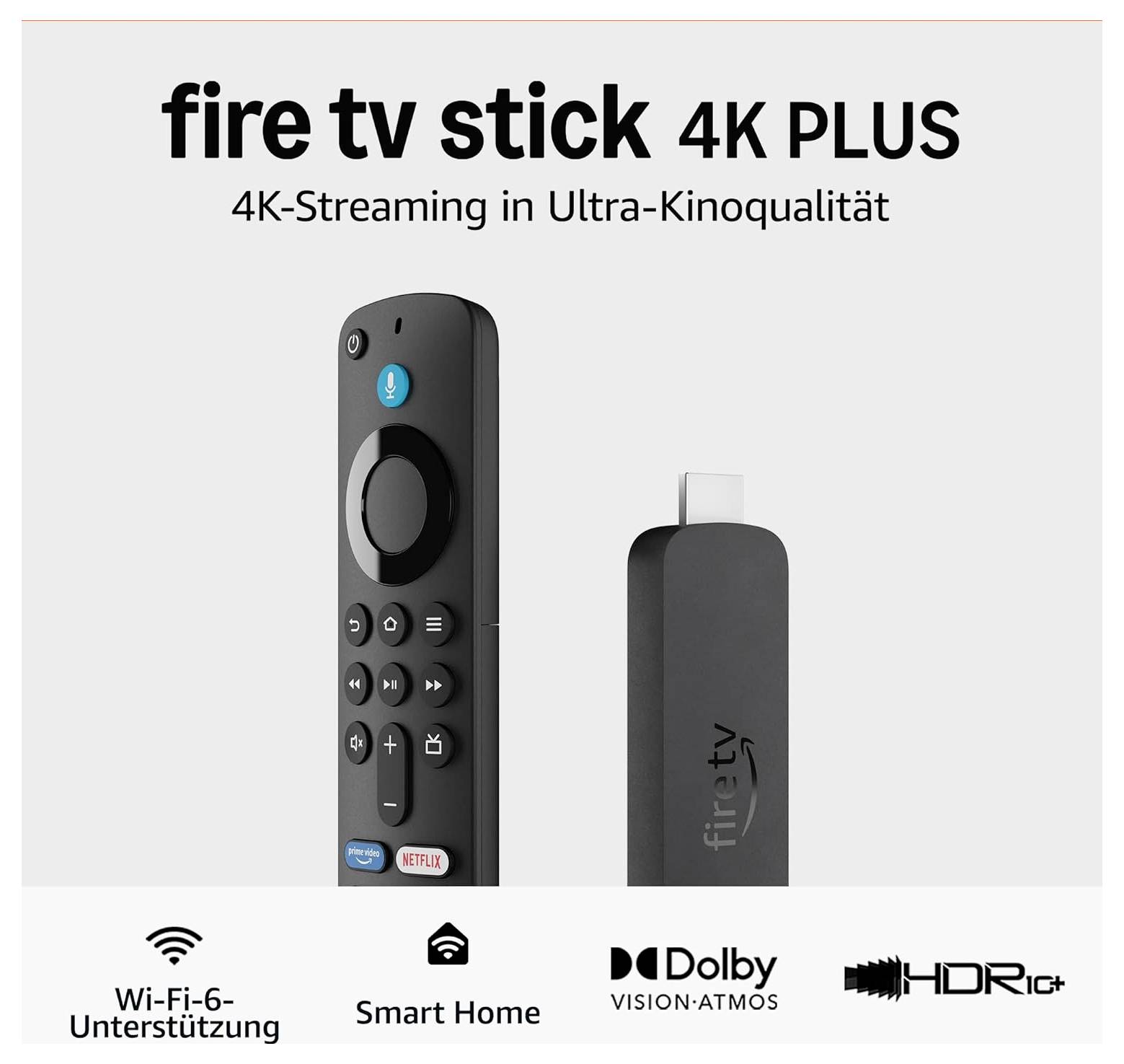 Amazon Fire TV Stick 4K Plus mit Fernbedienung, gekennzeichnet mit „4K-Streaming in Ultra-Kinoqualität