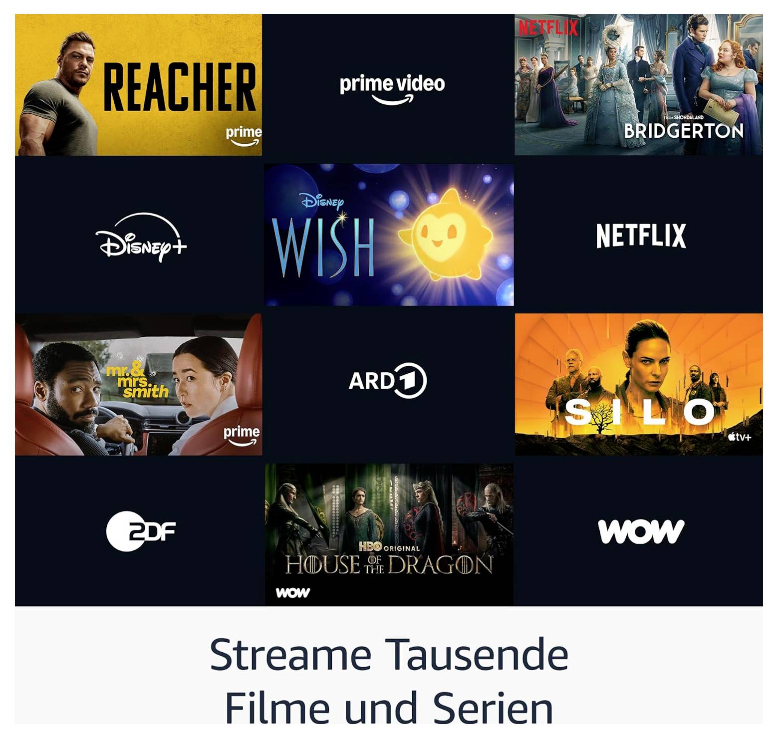 Streaming-Service-Werbung mit Logos und Miniaturansichten von Serien wie Reacher, Bridgerton, Wish, Mr. & Mrs. Smith, Silo und House of the Dragon, mit dem Text „Streame Tausende Filme und Serien
