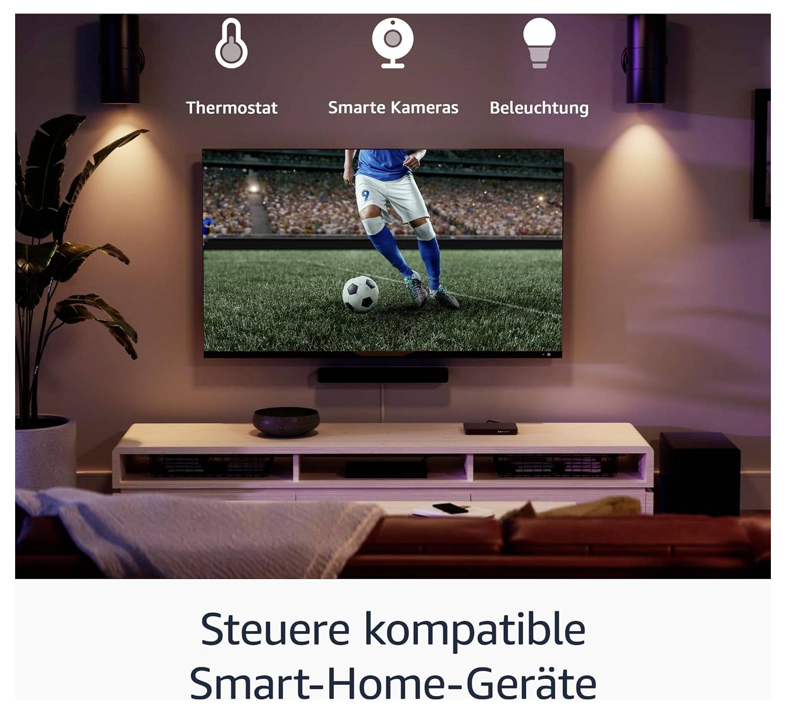 Intelligentes Wohnzimmer mit Fernseher, auf dem ein Fußballspiel gezeigt wird, und Symbolen für Thermostat, intelligente Kameras und Beleuchtung über dem Text 