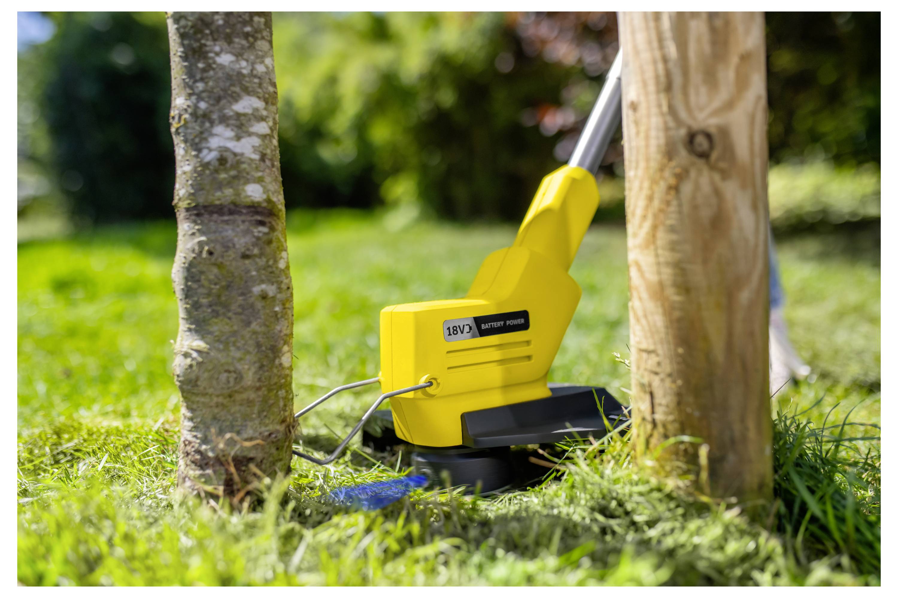 Gelber elektrischer Holzspalter zwischen zwei Baumstämmen auf Gras im Freien eingekeilt, wird verwendet, um einen Baumstumpf oder Stamm zu spalten.