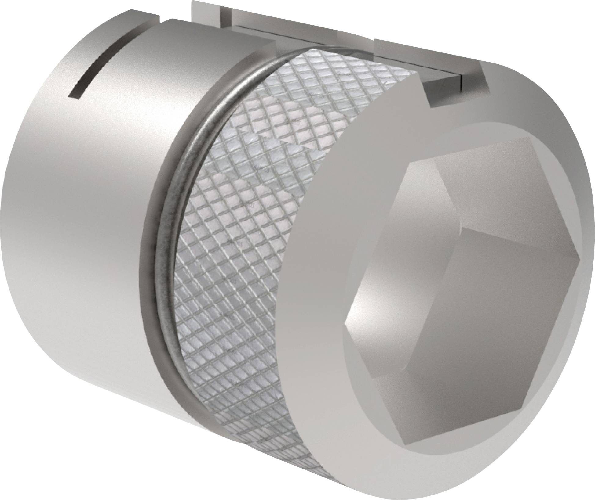 Nahaufnahme eines metallischen zylindrischen Befestigungselements oder Filters mit sechskantigem Ende und gerillter Mittelteil auf weißem Hintergrund.