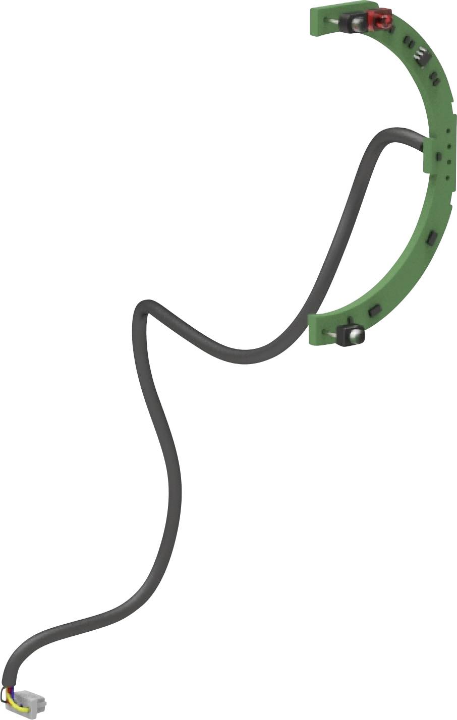 Grüne kreisförmige Befestigungsklammer mit einem schwarzen Kabel, das hindurchgeführt ist, gezeigt auf weißem Hintergrund.