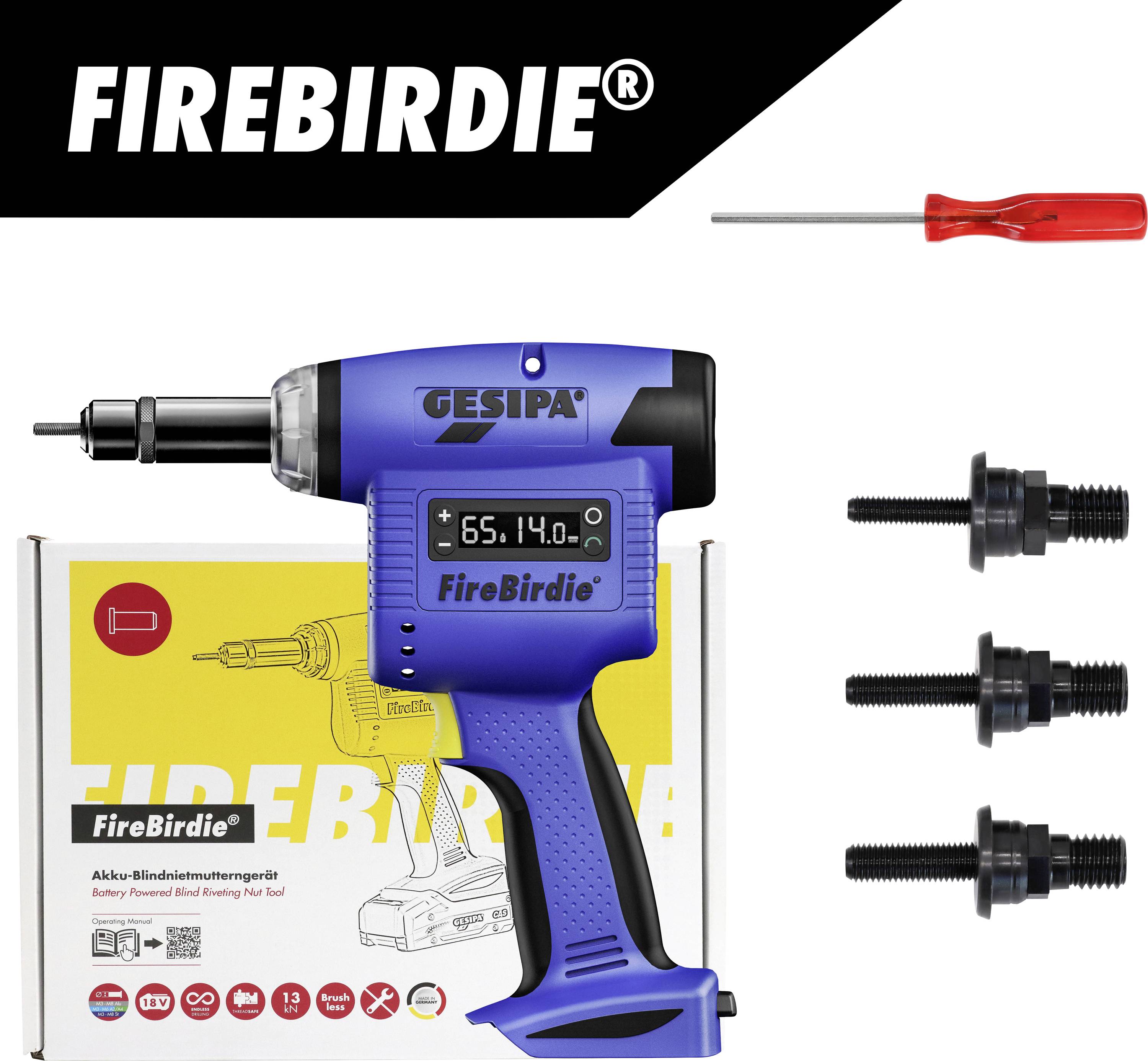 FireBirdie batteriebetriebenes Blindniet-Werkzeugsatz mit blauem GESIPA-Bohrmaschinen-Stil-Werkzeug, Koffer, Schraubendreher und drei schwarzen Nietstifte auf weißem Hintergrund dargestellt.