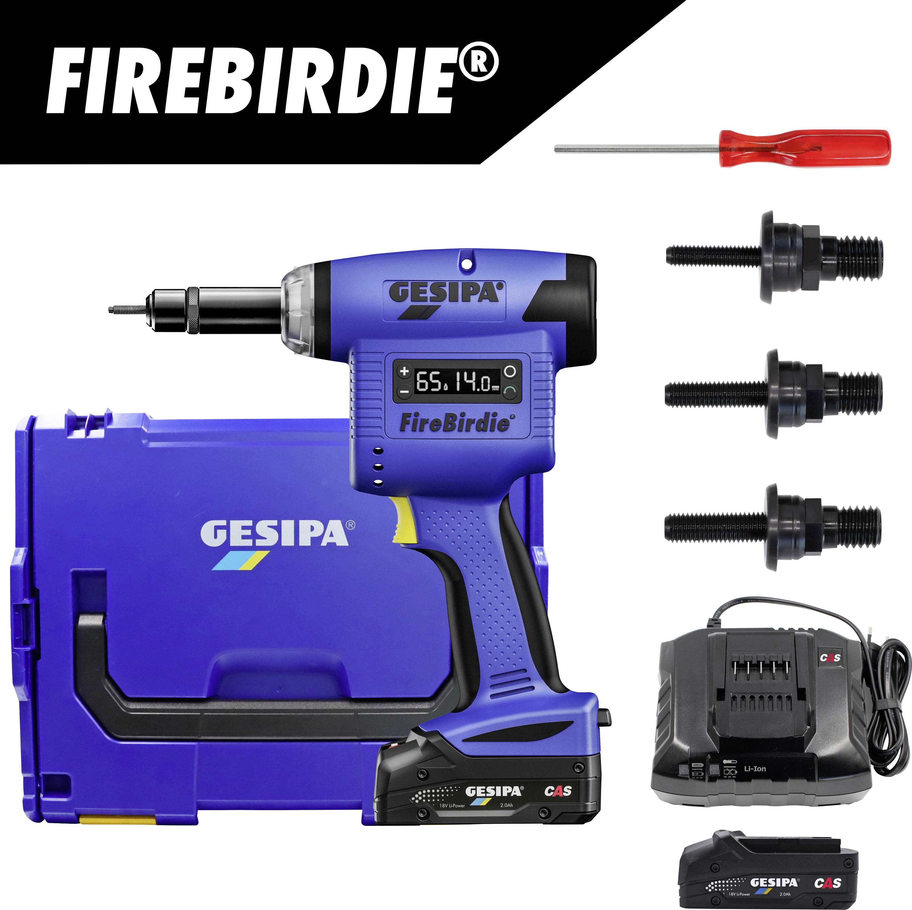 GESIPA FireBird Akku-Nietmaschinen-Set mit blauem Transportkoffer, Schraubendreher, drei schwarzen Aufsätzen, Batterieladegerät und Akku-Pack.
