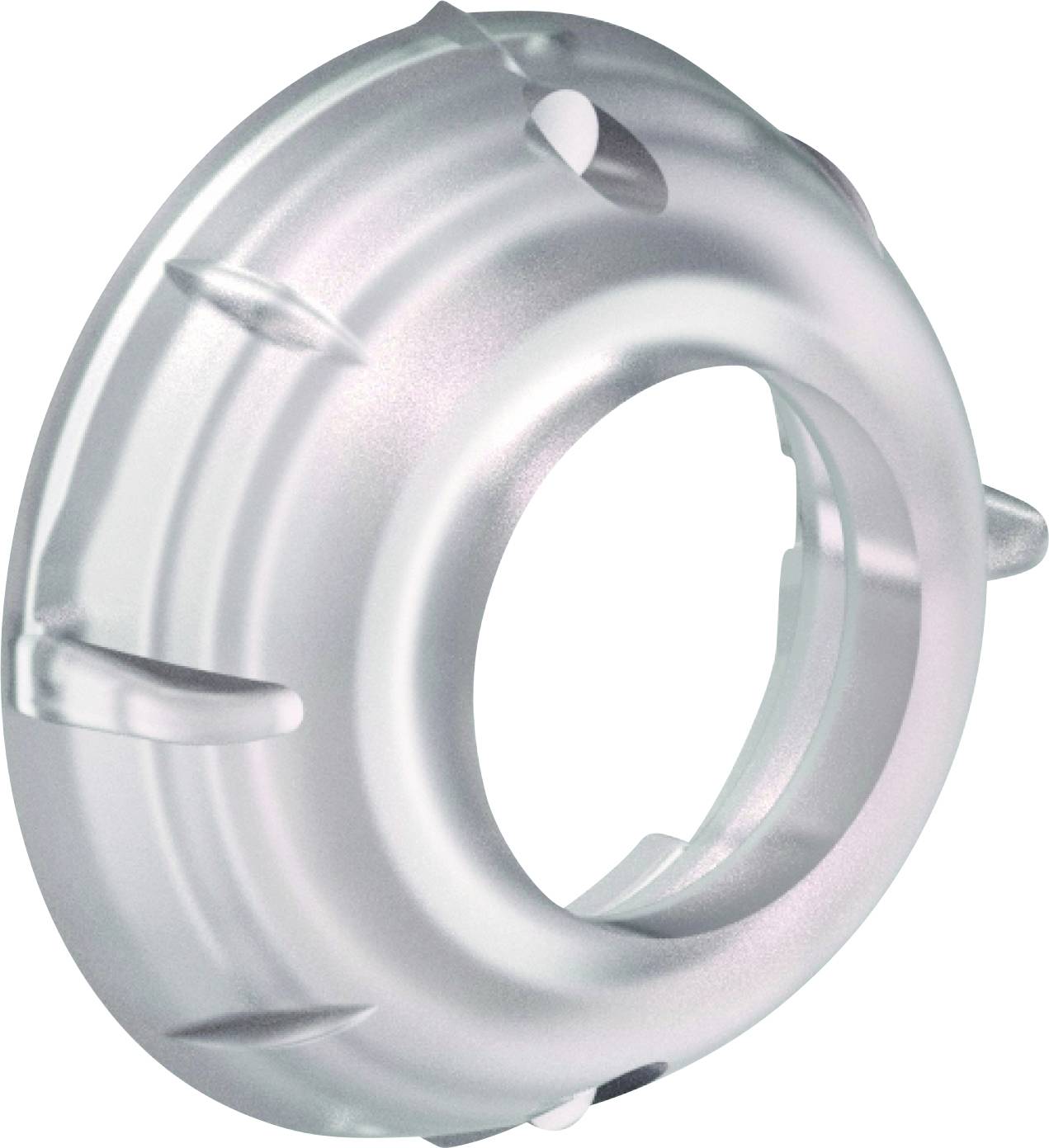 Silberner metallischer kreisförmiger Ring mit gleichmäßig verteilten Laschen und Ausschnitten, isoliert auf weißem Hintergrund dargestellt.