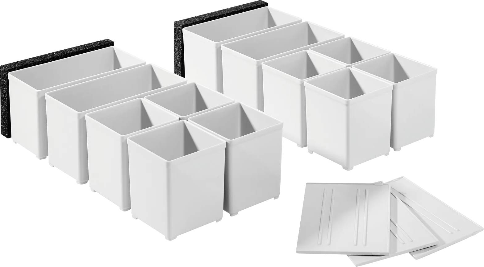 Weiße modulare Schubladeneinsätze und Tabletteinsätze in zwei Größen angeordnet, mit Musterflatpieces unten rechts dargestellt.