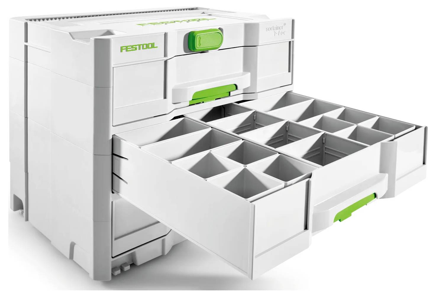 Weißer Festool-Speicherorganizer mit einer teilweise geöffneten Schublade voller dreieckiger Fächer und grünen Akzenten auf weißem Hintergrund.
