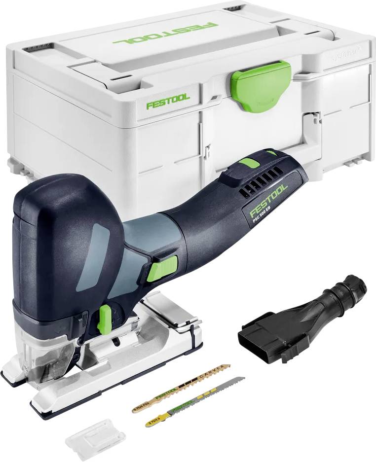 Schnurloses Festool-Stichsäge mit Batterieadapter, Sägeblatt, Zubehörtasche und Transportkoffer auf weißem Hintergrund dargestellt.