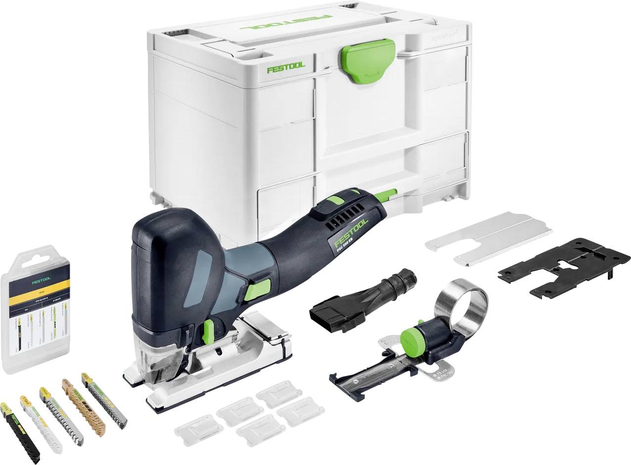 Festool Akku-Stichsägen-Set mit Transportkoffer, Akku, Ladegerät, Sägeblättern und Zubehör auf weißem Hintergrund angeordnet.