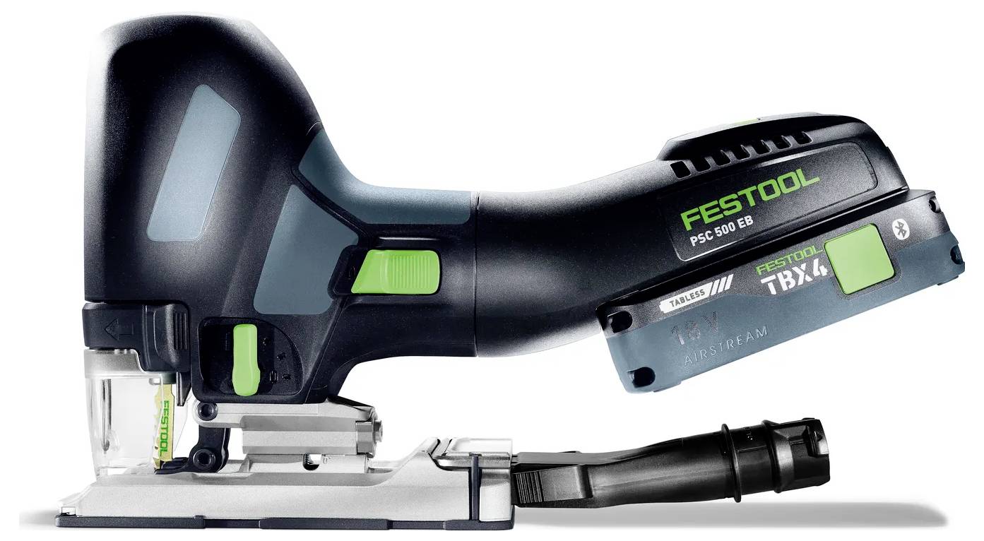 Akku-Stichsäge in Seitenansicht, beschriftet Festool PSC 500 EB, mit schwarzem und grünem Gehäuse und angebrachtem Sägeblattführer.