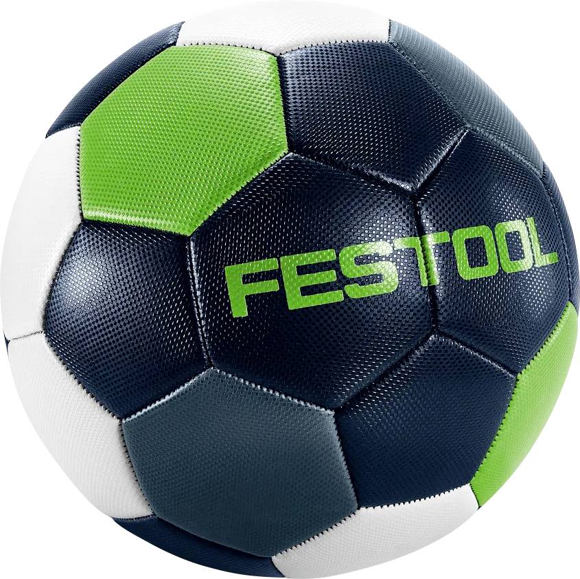 Schwarzer, weißer und grüner FESTOOL-Fußball auf weißem Hintergrund.