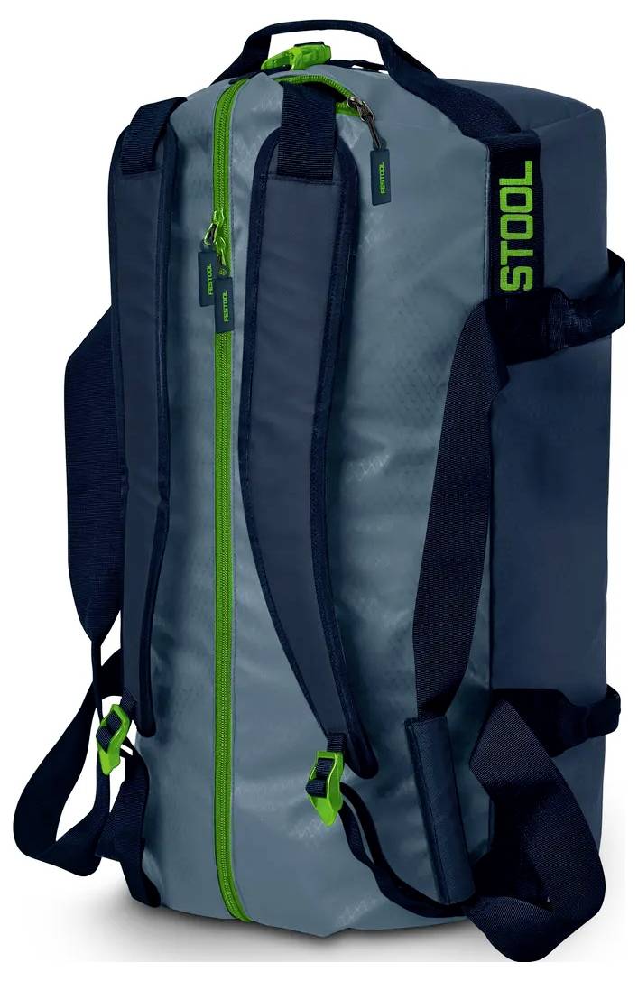 Grauer und dunkelblauer Duffelnrucksack mit grünen Reißverschlüssen und 