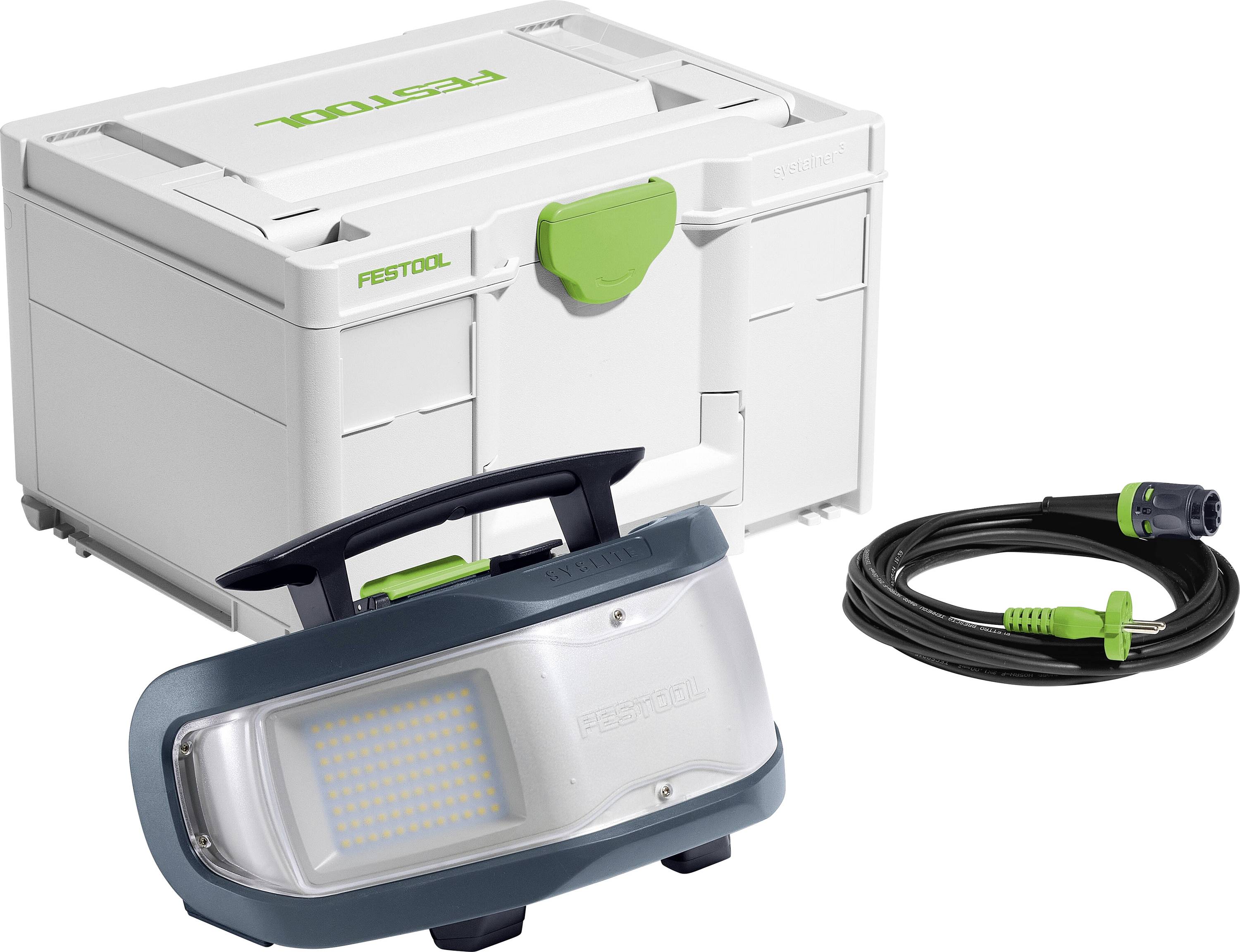 Festool tragbares Arbeitslicht mit Akku, Stromkabel und Aufbewahrungskoffer auf weißem Hintergrund.