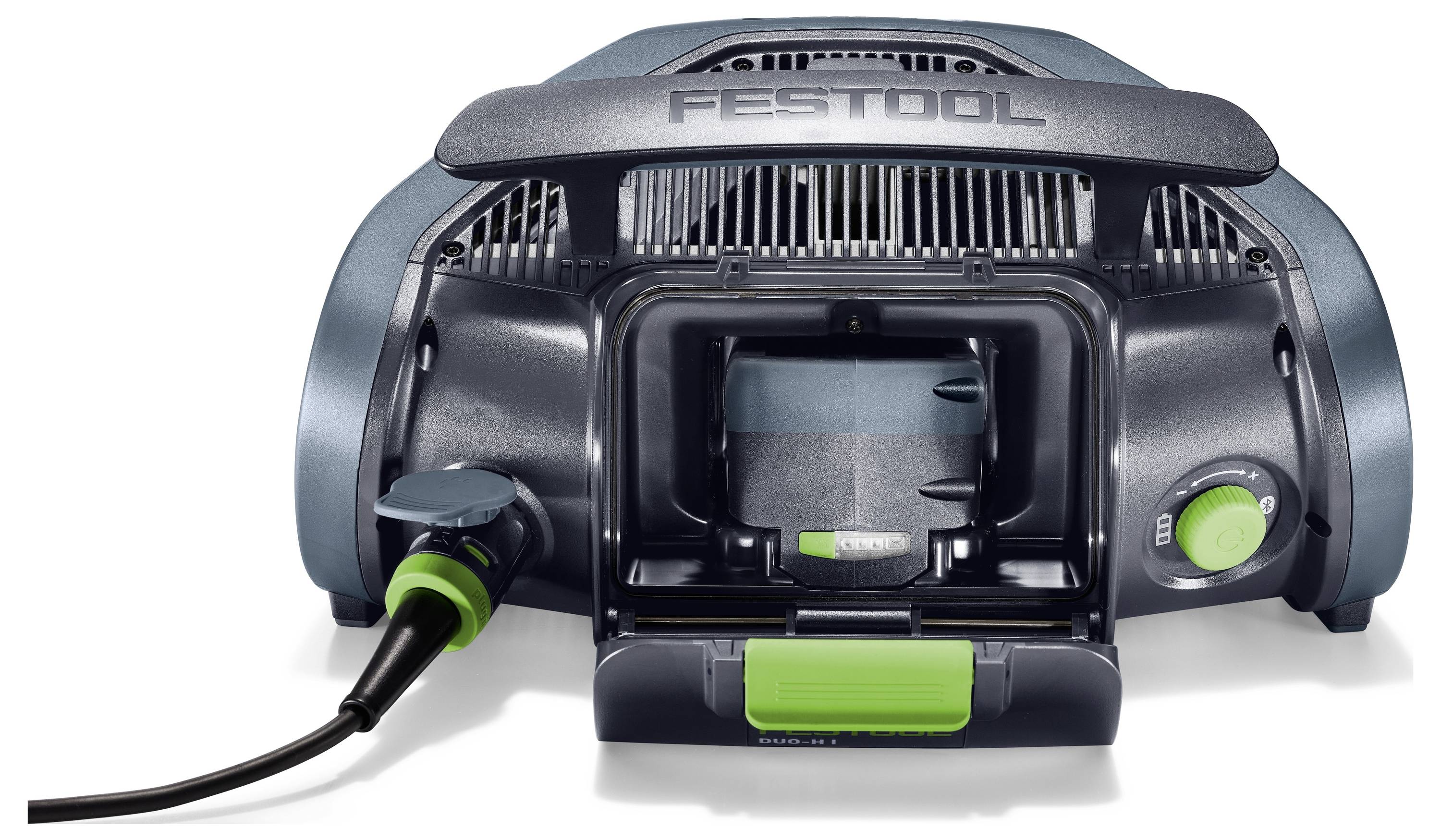 Frontansicht eines Festool-Staubsaugers mit angeschlossenem Schlauch, schwarzes und blaugrünes Gehäuse mit grünen Bedienelementen, auf weißem Hintergrund dargestellt.