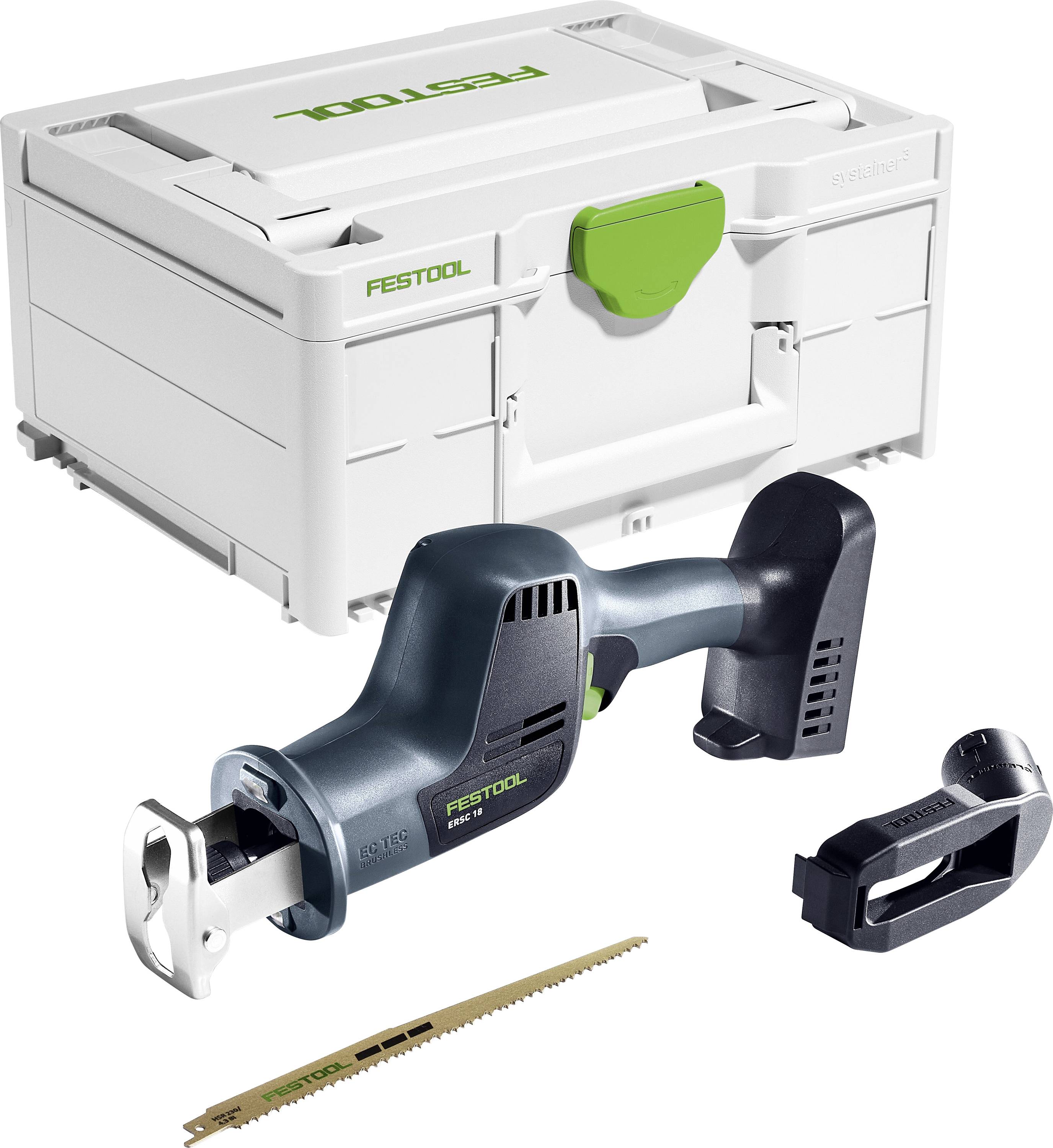 Festool Akku-Säbelsäge-Set mit Transportkoffer, Akku, Ladegerät und Sägeblatt auf weißem Hintergrund.