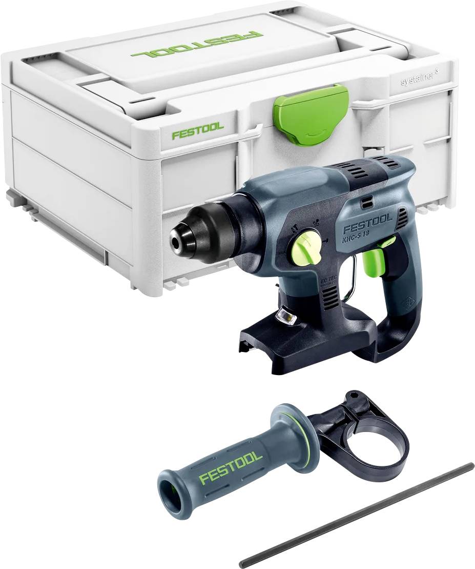 Festool Akku-Bohrmaschinen-Set mit Tragekoffer, Seitengriff und Tiefenstoßstange auf weißem Hintergrund.
