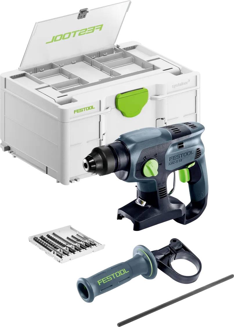 Festool Akku-Bohrschrauber-Set mit Aufbewahrungskoffer, Bohrschrauber, Bitset, Seitenzugriff und Tiefenstab auf weißem Hintergrund.