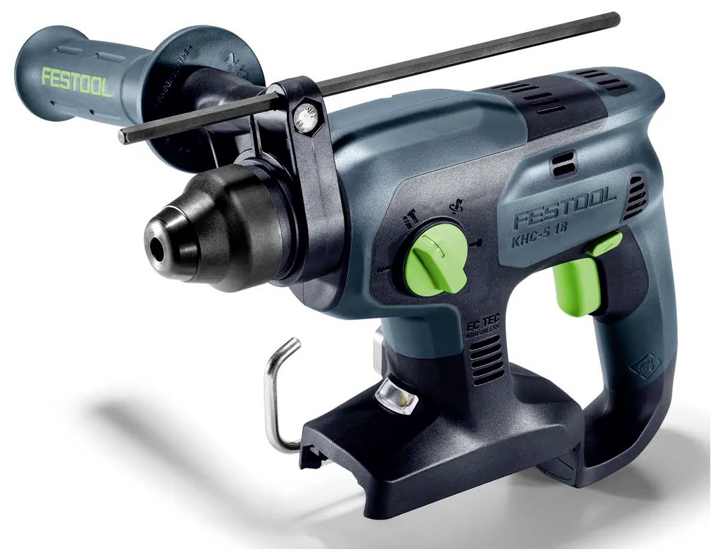 Kabelloser Festool-Bohrer mit Seitegriff und Tiefenstopp, dargestellt auf weißem Hintergrund.