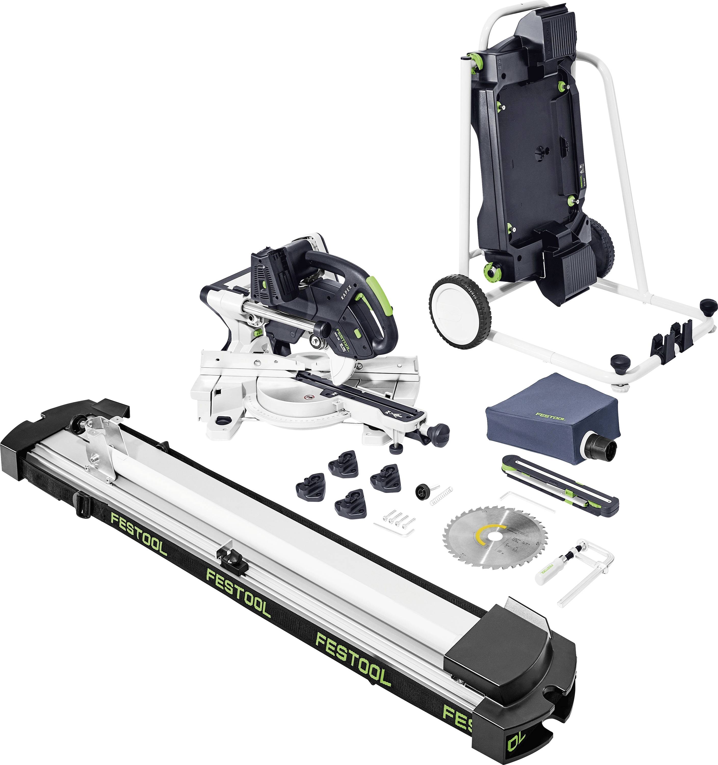 Festool-Schneidewerkzeugsatz: Gehrungssäge, vertikaler Ständer, Schienenschiene, Kreissägeblatt, Spannvorrichtungen und Zubehör auf weißem Hintergrund.