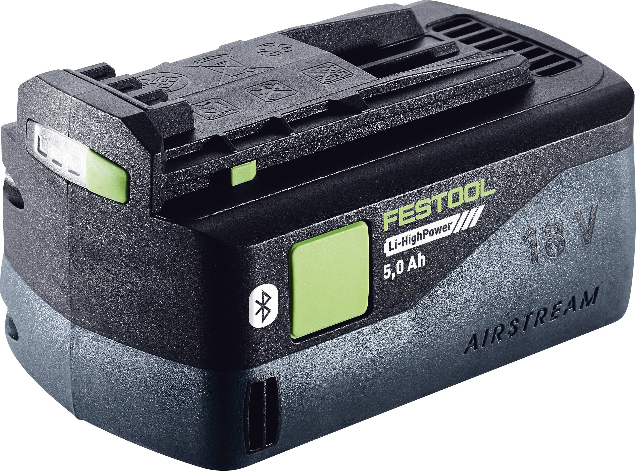 Schwarzes Festool 18V LiHighPower Airstream Akkupack, 5.0 Ah, mit grünen Akzenten und Ladeanzeige.