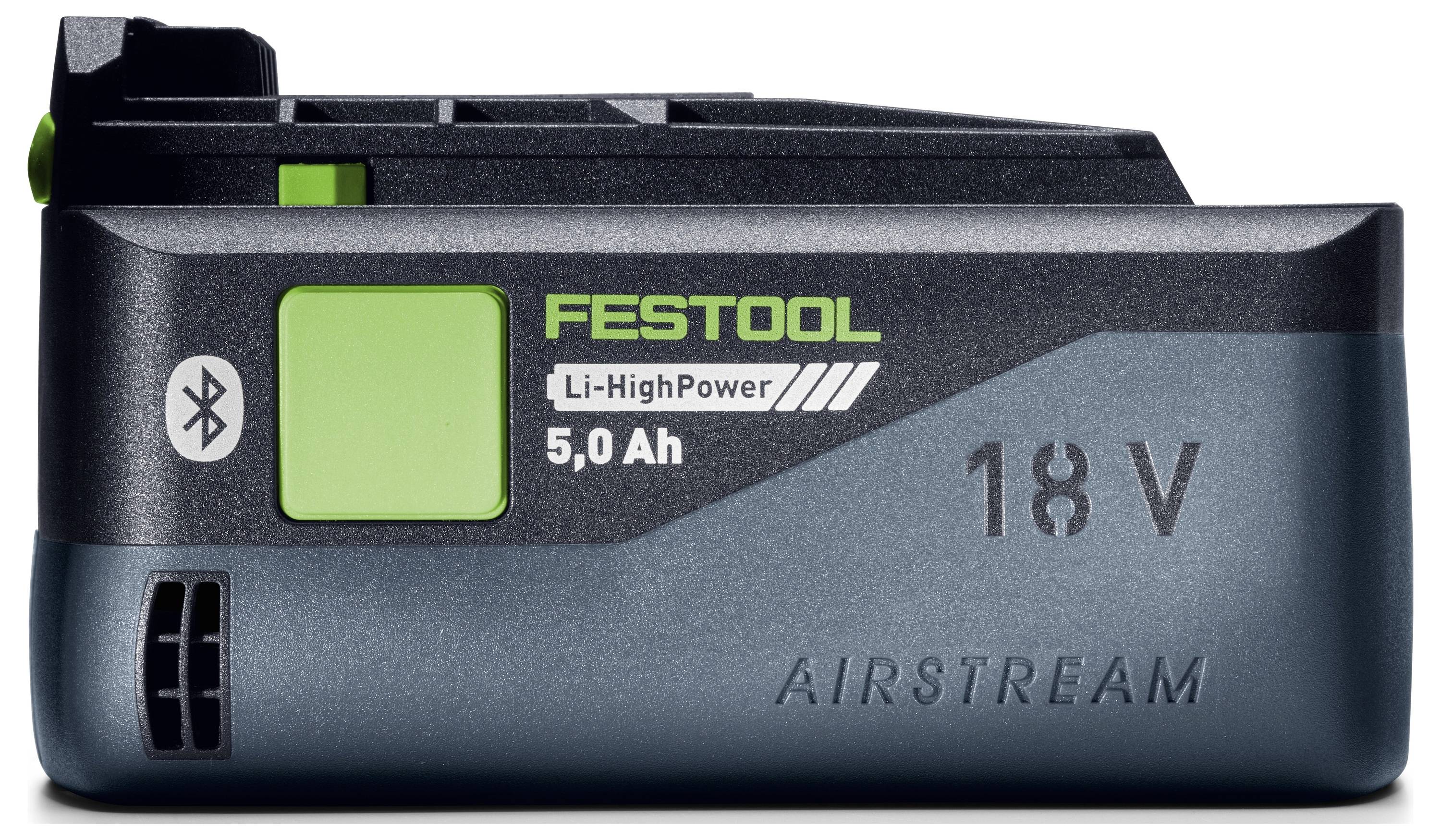 Festool Li-HighPower 18V 5,0 Ah Airstream Akku mit Bluetooth-Symbol.