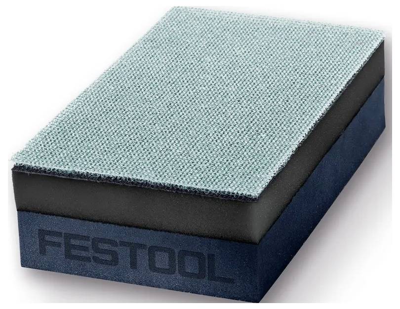 Ein Festool Schleifteller mit strukturierter Tealberfläche und dunkelblauer Seite, im Winkel auf weißem Hintergrund gezeigt.