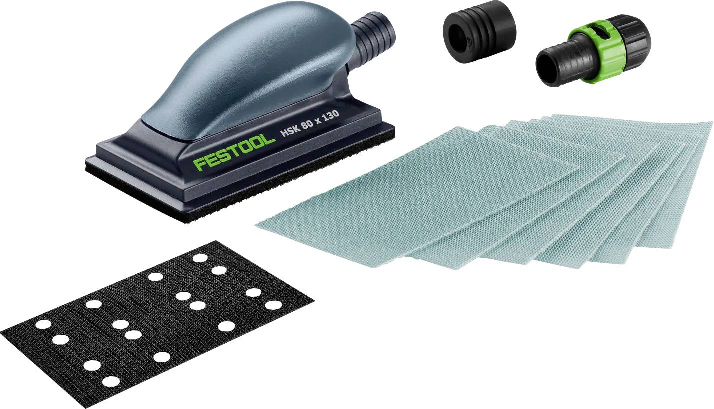 FESTOOL Handschliffblock mit Adapter, Schleifnetzblätter und Schleifpolsterblätter auf weißem Hintergrund.