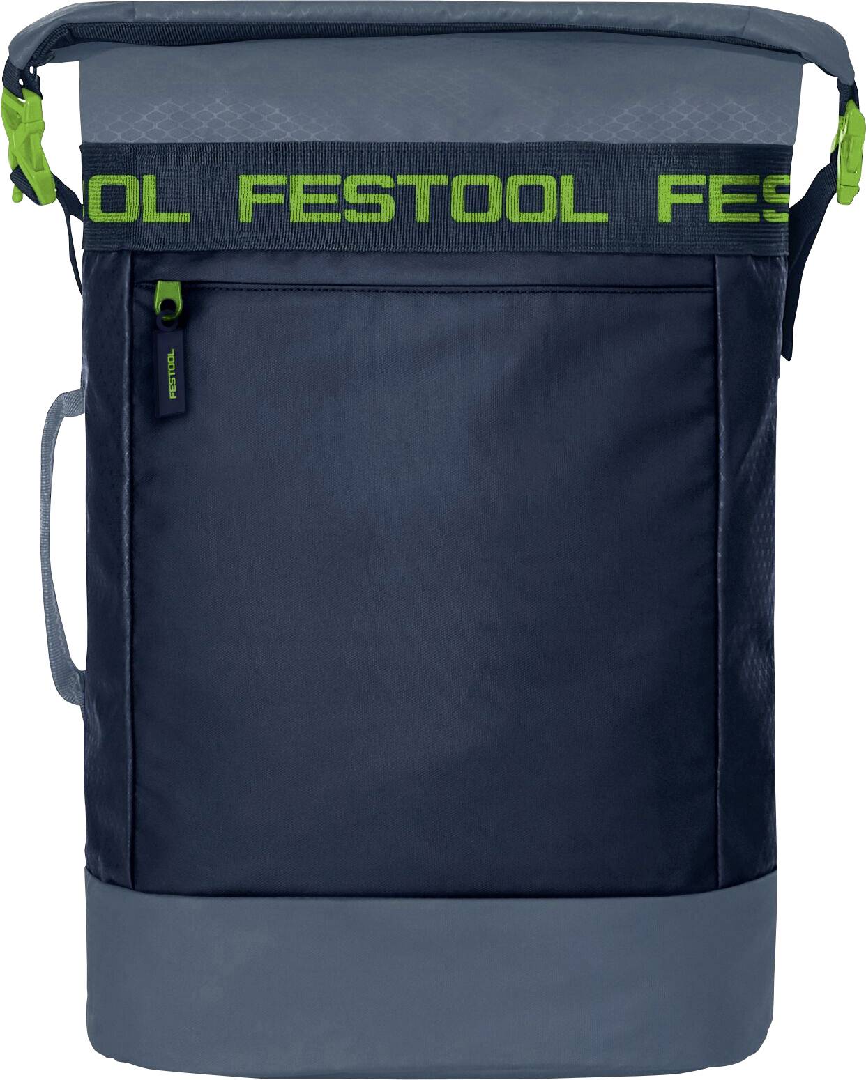 Dunkelblaue Festool-Tragetasche mit grünem Logoband, frontseitige Reißverschlusstasche, Seitengriff und gepolsterter Oberseite mit Verschluss.