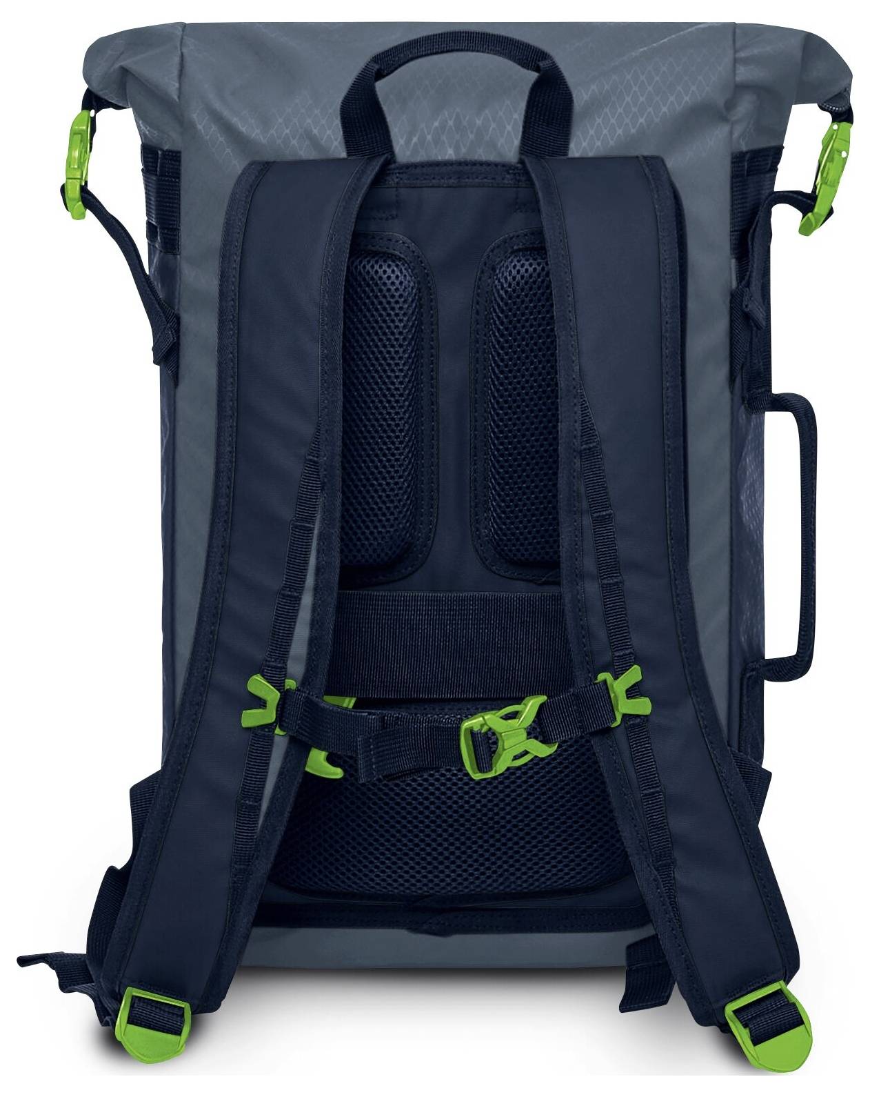 Rückansicht eines dunkelblauen Rucksacks mit Rollverschluss, gepolsterten Schultergurten, Mesh-Rückenpanel, Griff und leuchtend grünen Clips und Verstellern.