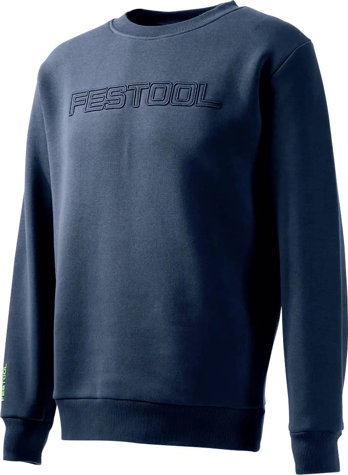 Dunkelblauer Crewneck-Sweatshirt mit geprägtem FESTOOL-Logo auf der Brust und kleinem grünem Text auf dem linken Ärmel.
