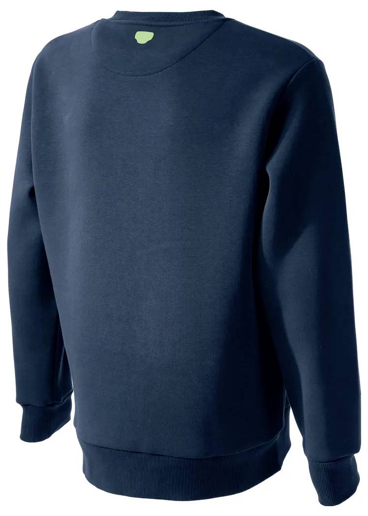 Dunkelblaues Langarm-Sweatshirt mit Rundhalsausschnitt, von hinten auf weißem Hintergrund gezeigt.