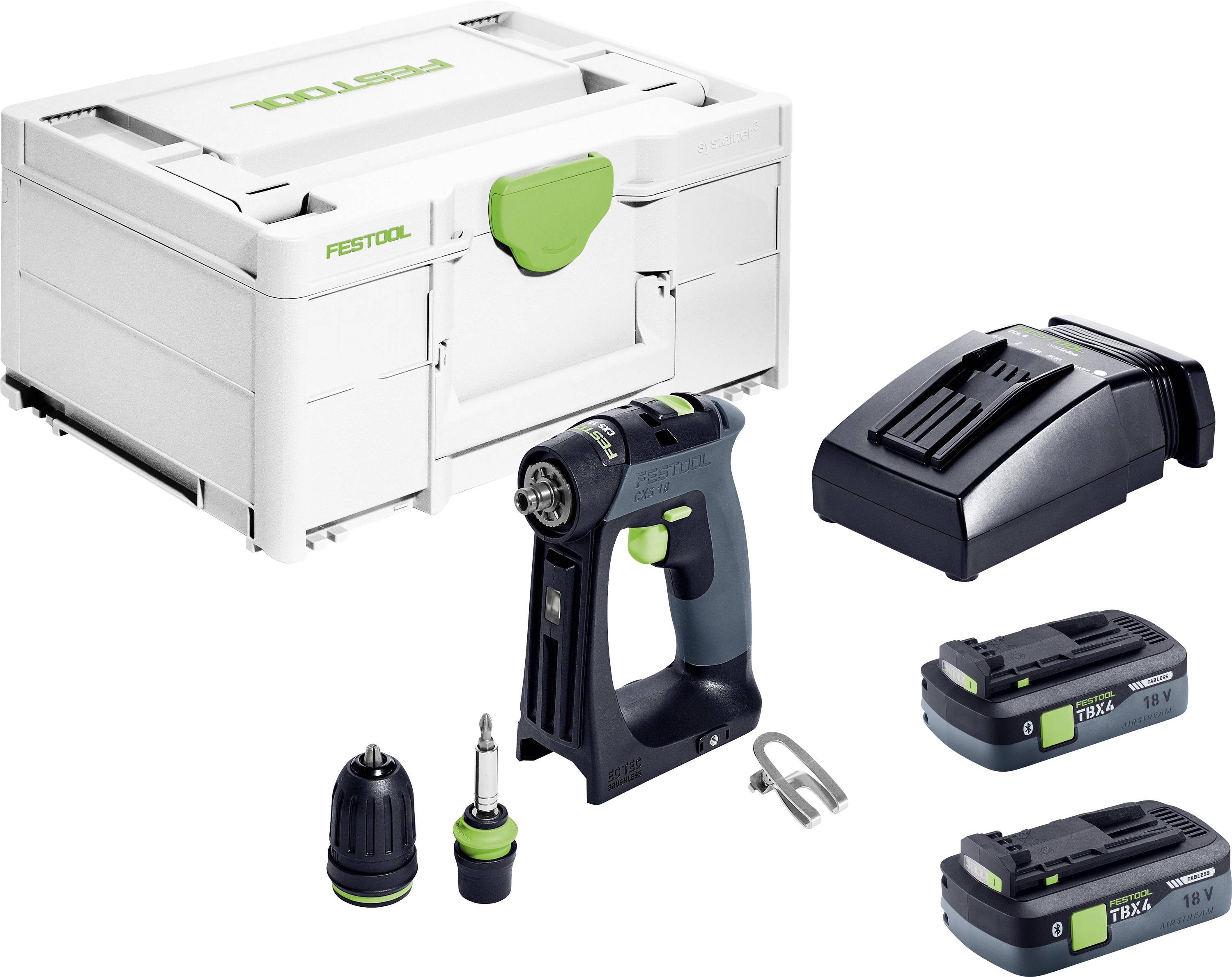 Festool Akku-Bohrmaschinen-Set mit Hartschalenkoffer, Ladegerät, zwei Akkus und Bohr-Zubehör auf weißem Hintergrund.