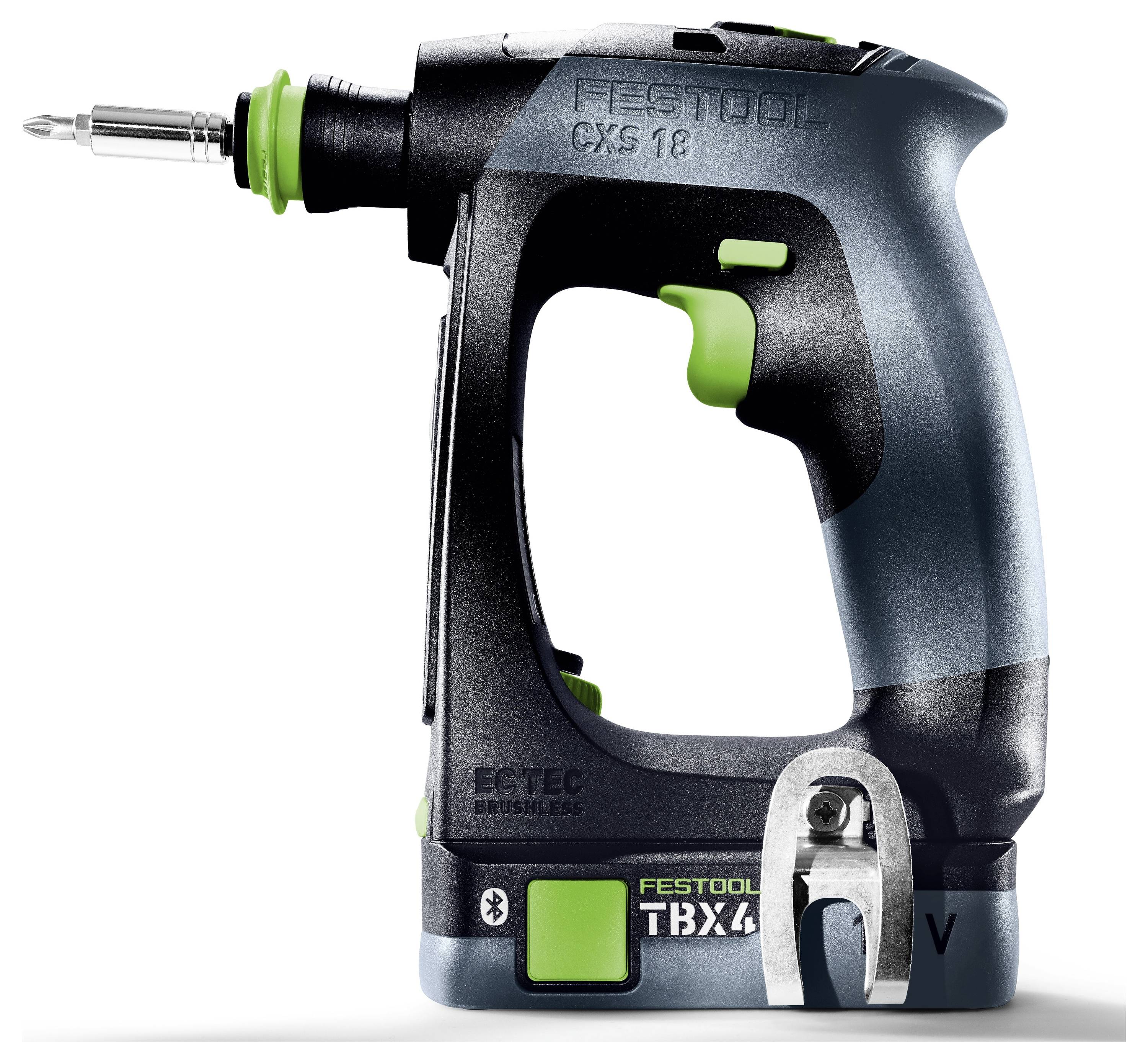Schwarze und grüne kabellose Festool Bohrmaschine/Schrauber mit angebrachtem Bit, in Seitenansicht auf weißem Hintergrund gezeigt.