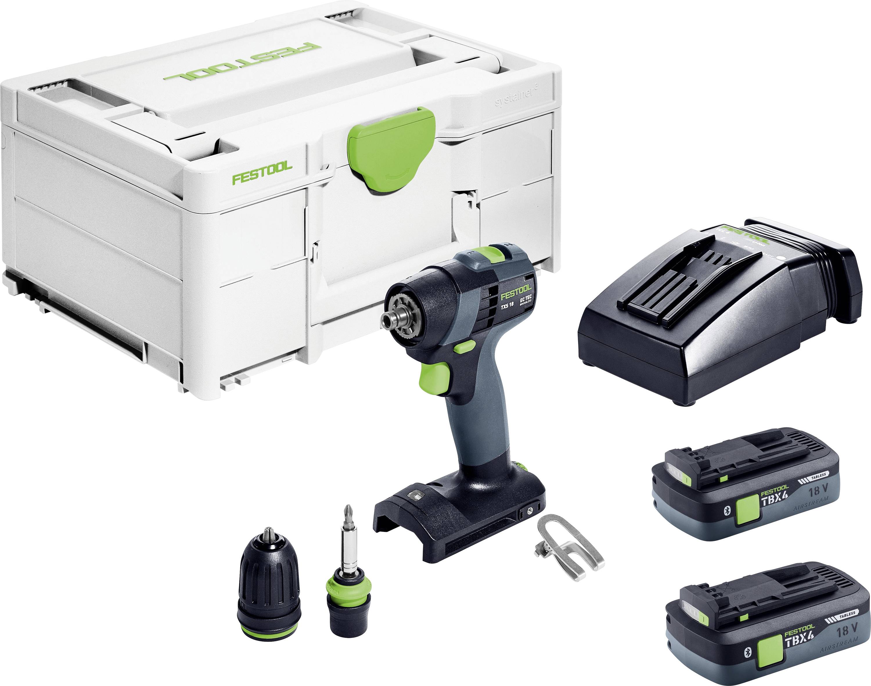 Festool Akku-Bohrmaschinen-Set mit Transportkoffer, Ladegerät, zwei Akkus und Bohr-Zubehör auf weißem Hintergrund