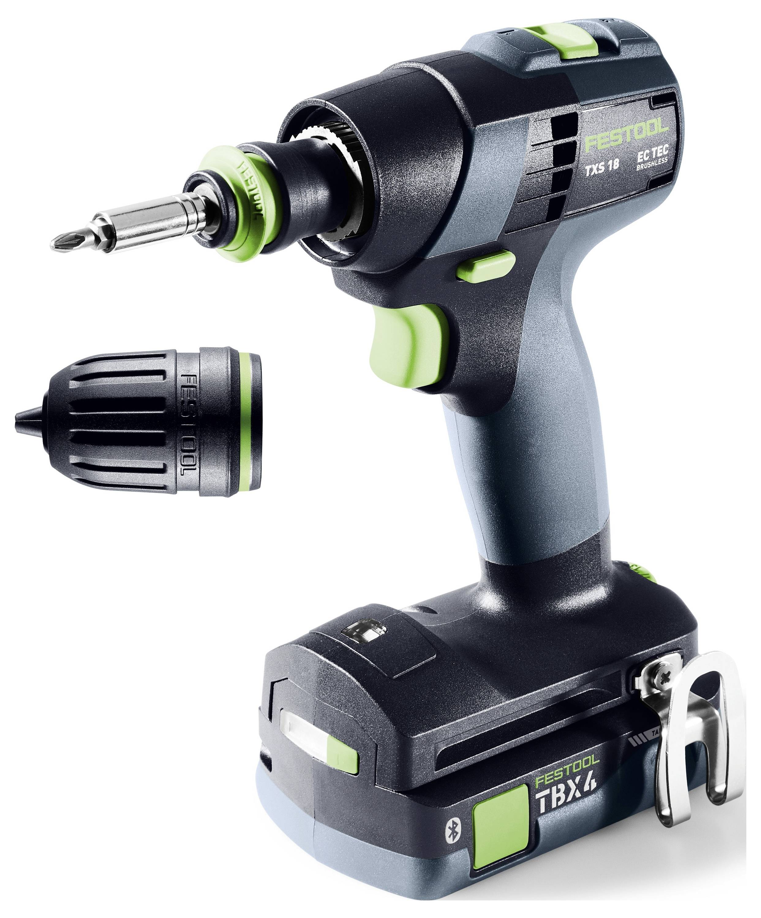 Kabelloses Festool-Bohrschrauber mit Batteriebasis und abnehmbarer Spannfutter daneben auf weißem Hintergrund gezeigt.