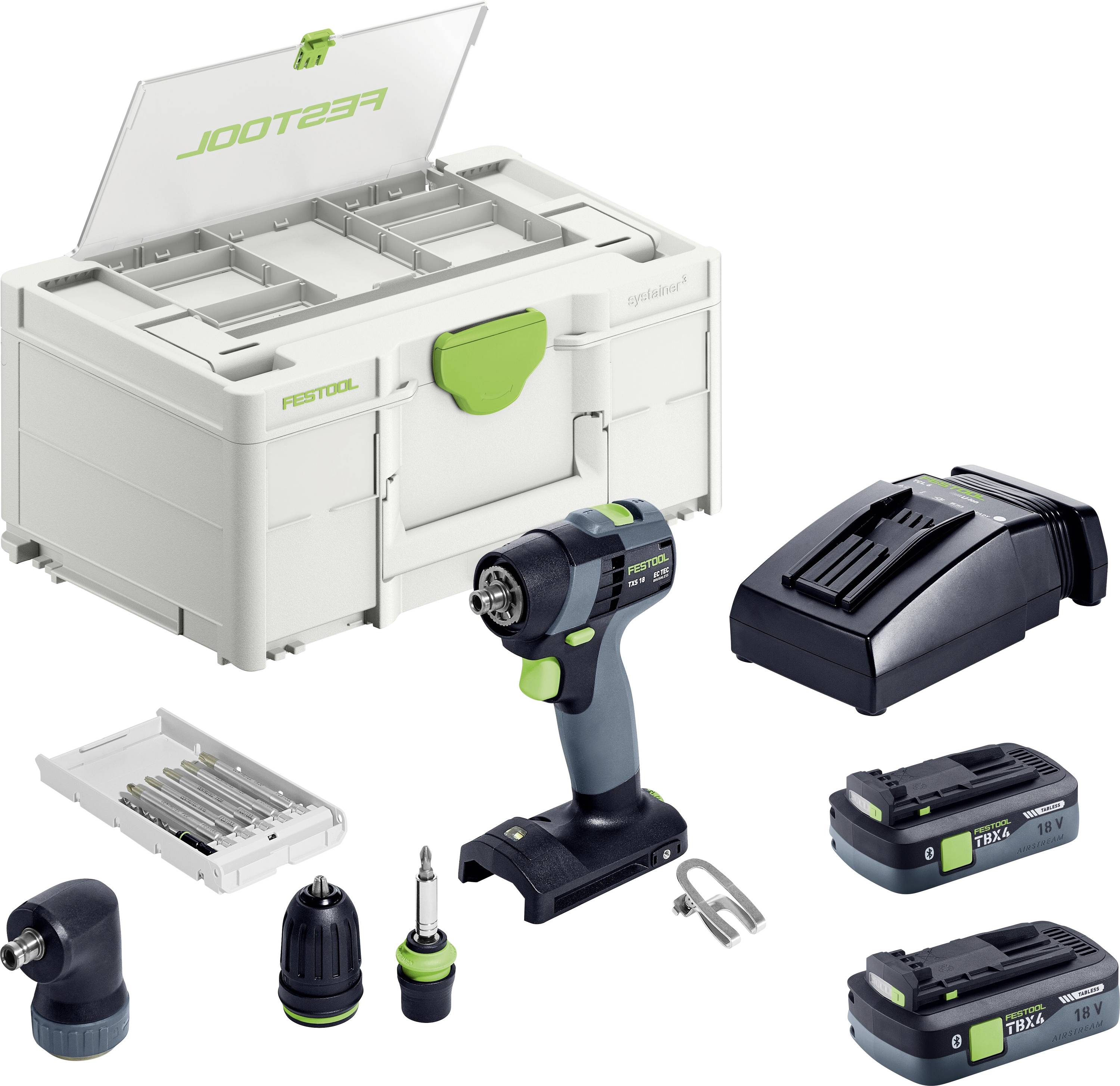 FESTOOL Akku-Bohrmaschinen-Set mit Transportkoffer, Akku, Ladegerät und Bohrmaschinen-Zubehör auf weißem Hintergrund angezeigt.