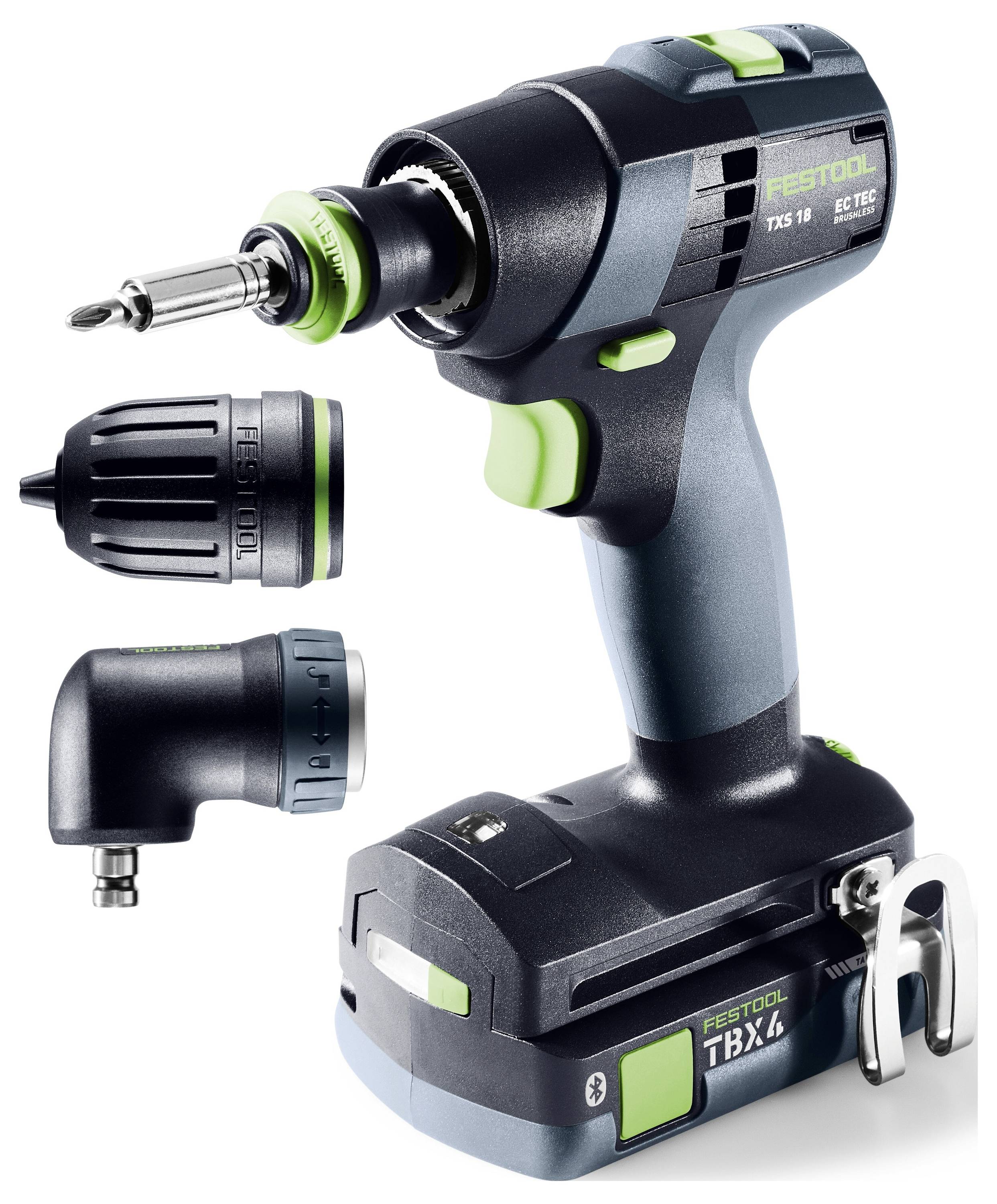 Kabelloses Festool Bohr-/Schraubgerät mit Batteriegrundplatte, gezeigt mit zwei austauschbaren Spannfutteraufsätzen und einem Winkelkopfzubehör.