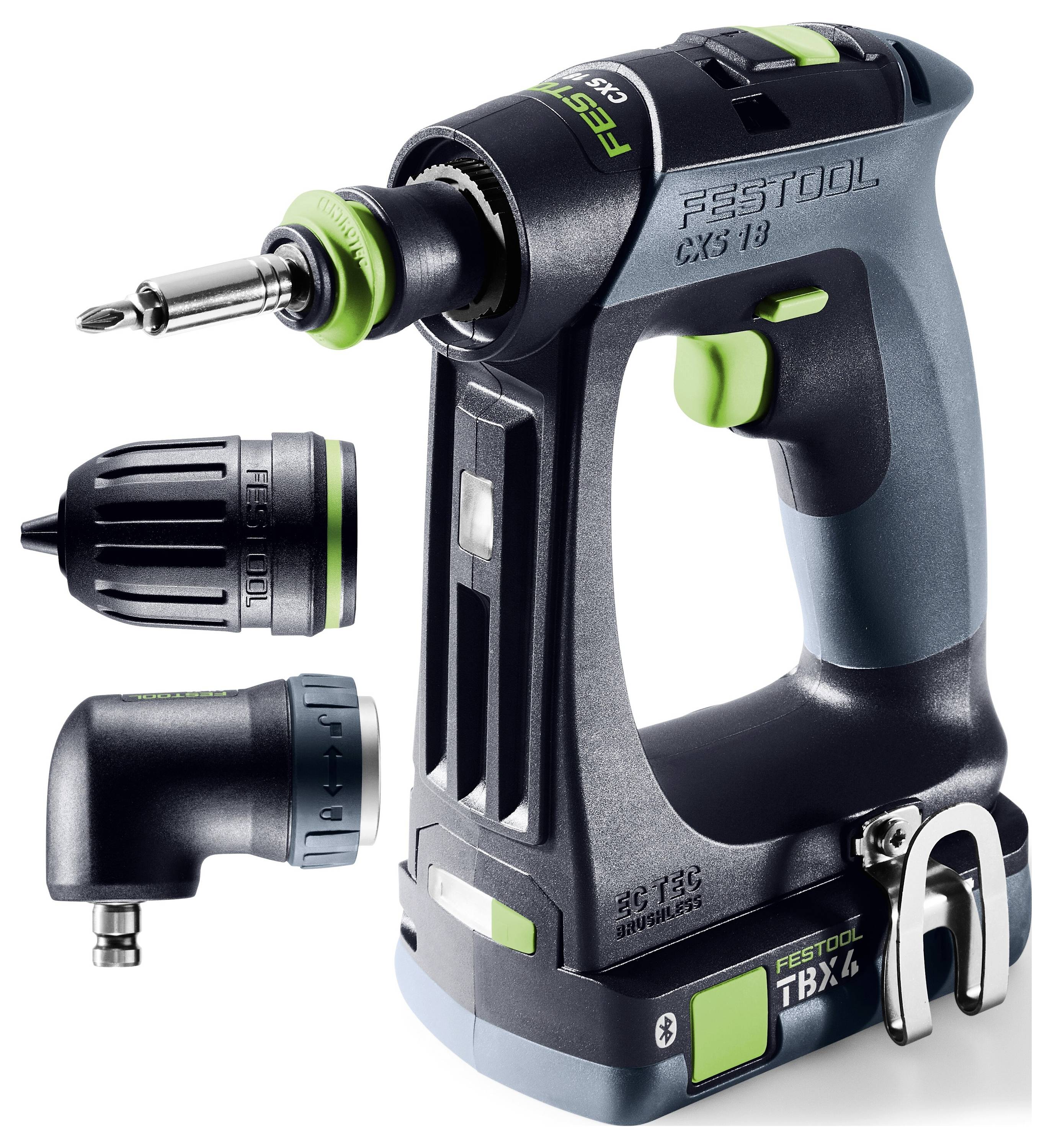 Festool-Akku-Bohrmaschine mit abnehmbarem Bohrfutter und Winkelaufsatz, schwarzes und grünes Werkzeug auf weißem Hintergrund.