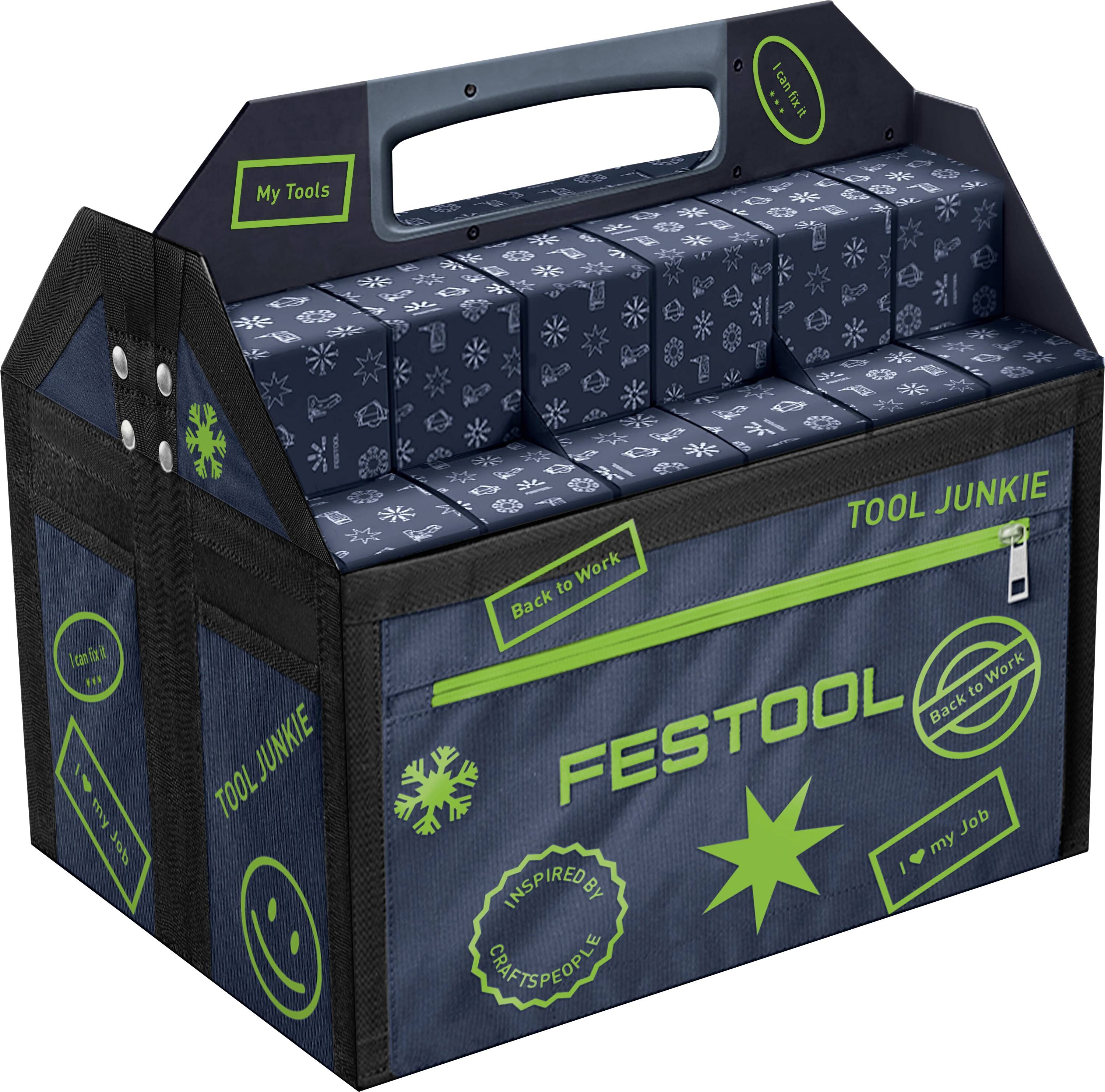Blaue Festool-Werkzeugtasche mit Griff, Reißverschlusstasche und gepolsterten oberen Fächern, bedruckt mit neongrünem 