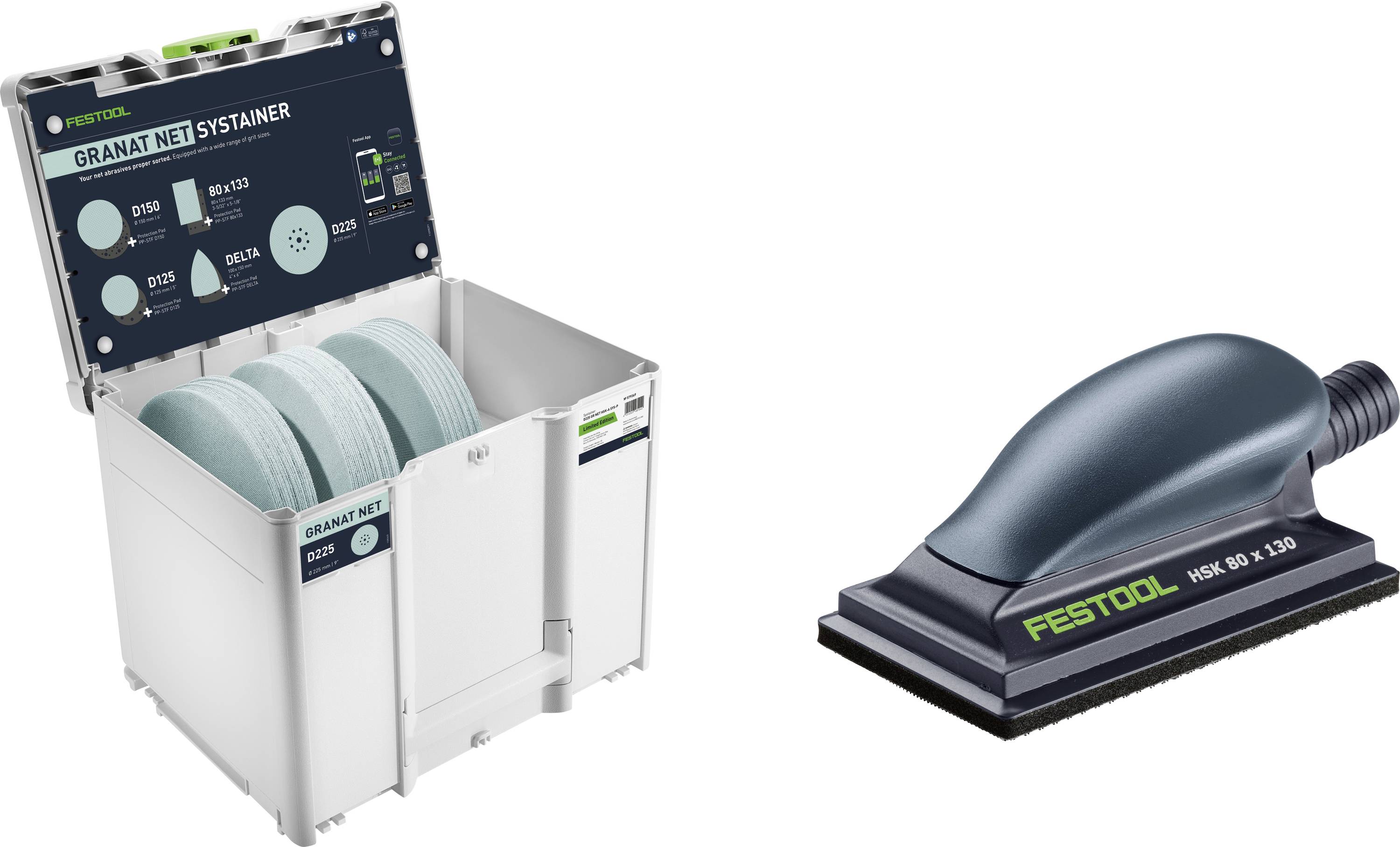 Festool Systainer Box mit Schleiftellern auf der linken Seite und einem Festool Schleiflklotz mit angeschlossenem Absaugschlauch auf der rechten Seite.