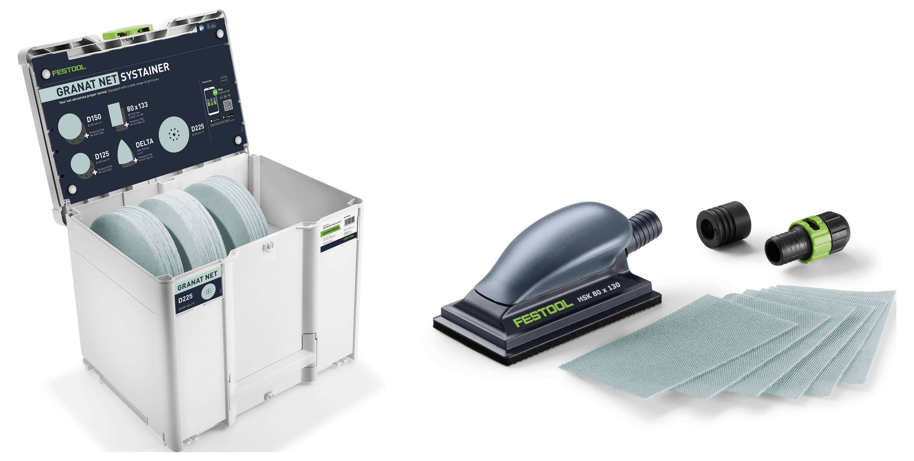 Festool Granat Net Systainer Schleifmittelset, zeigt eine Lagerkiste mit Schleiftellern, einem Schleiferpad, Adapter und Netschleifmittelblättern.