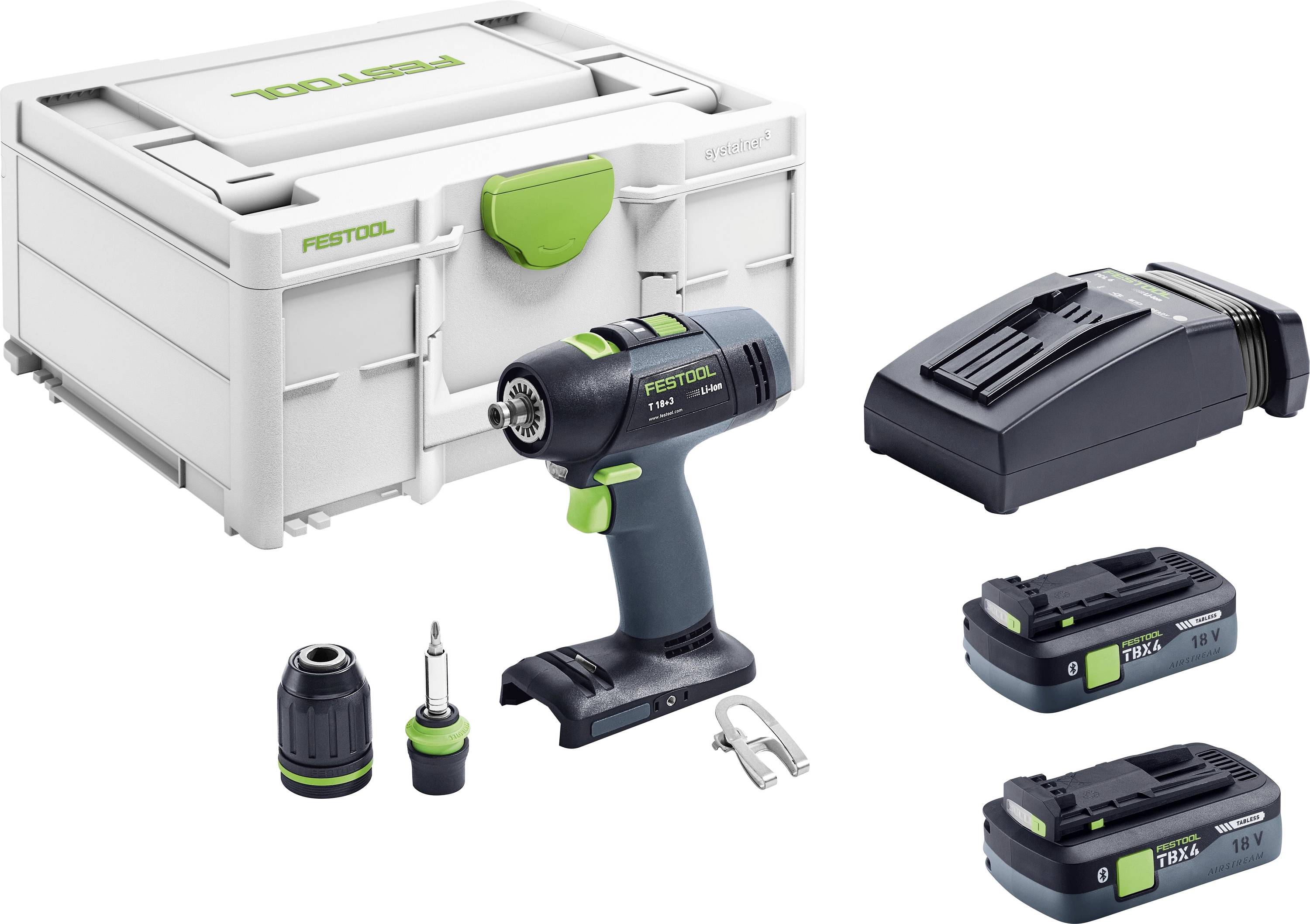 Festool Akku-Bohrmaschinen-Set mit Transportkoffer, Ladegerät, Akku, Bohrfutter, Aufsatz und Clip; Produkt auf weißem Hintergrund dargestellt.