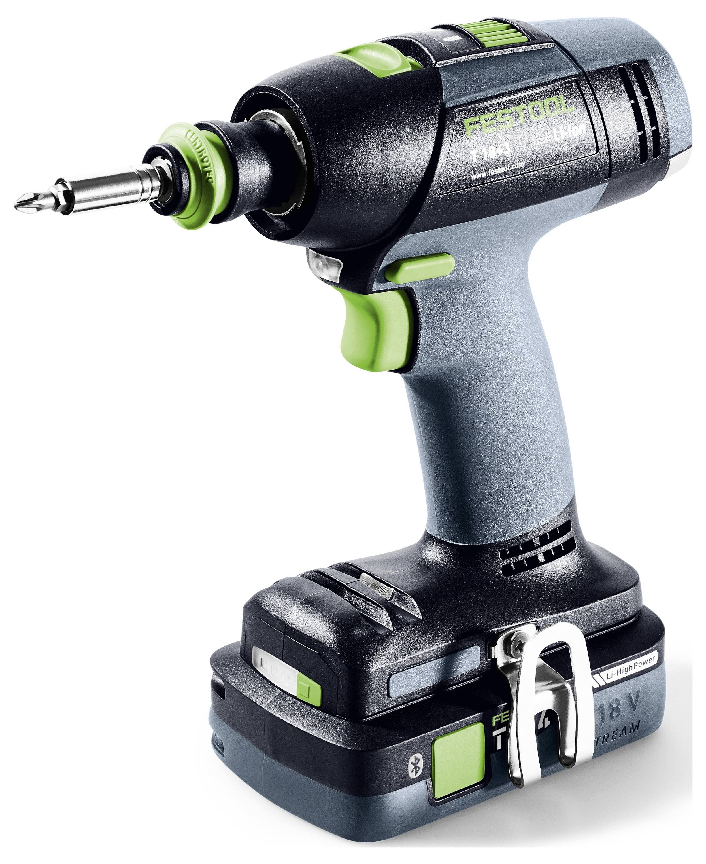 Schnurloses Festool-Elektrobohrkerewerk mit angebrachtem Bohraufsatz, dargestellt in Seitenansicht auf weißem Hintergrund.