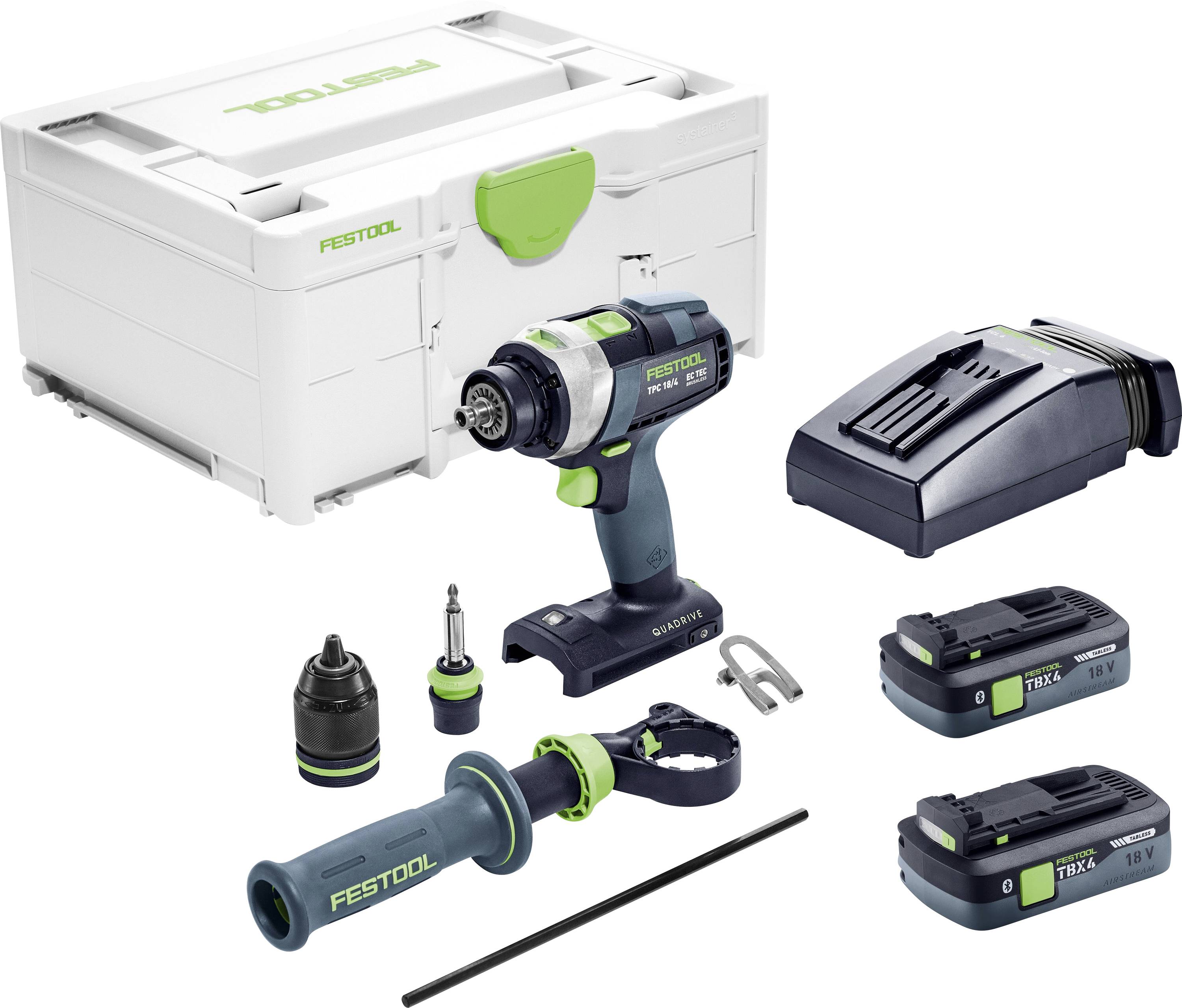 Festool Akku-Bohrmaschine mit Transportkoffer, Batterieladegerät, zwei Batterien, Bohrfutter, Bithalter, Seitengriff und Zubehörstange.