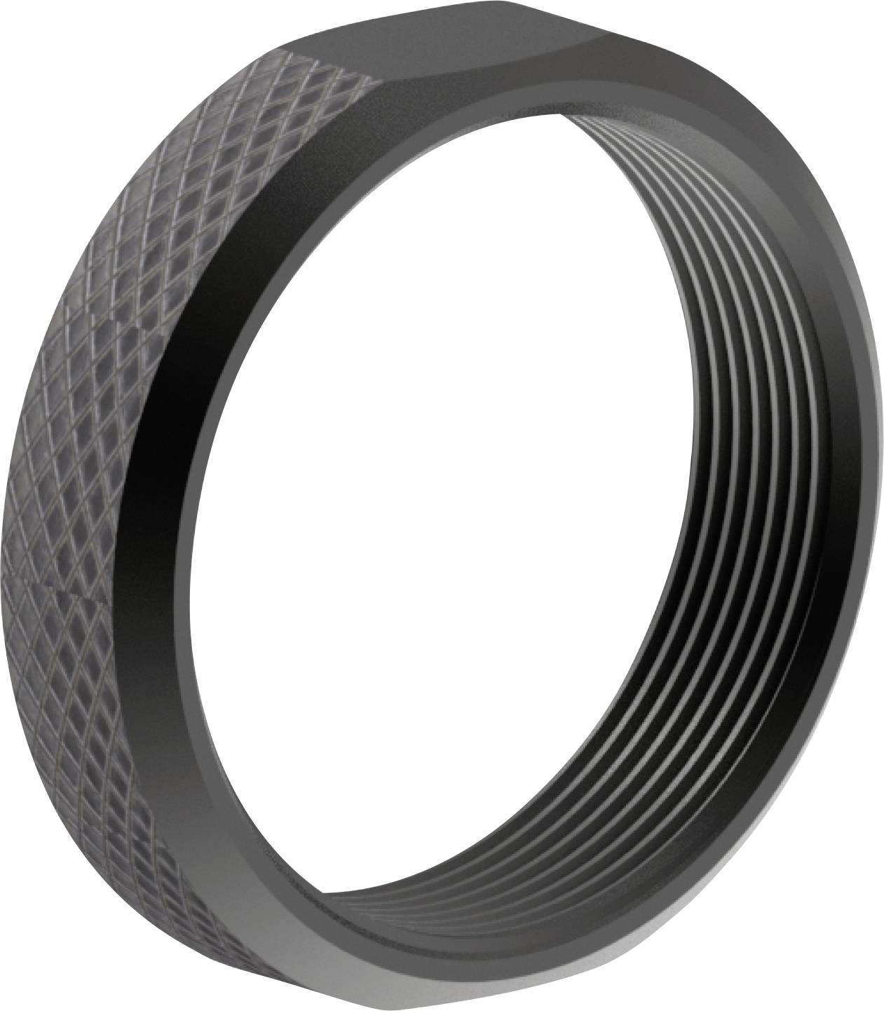 Schwarzer Gewinde-Metallring mit gerilltem Außengriff, dargestellt auf einem einfachen weißen Hintergrund.