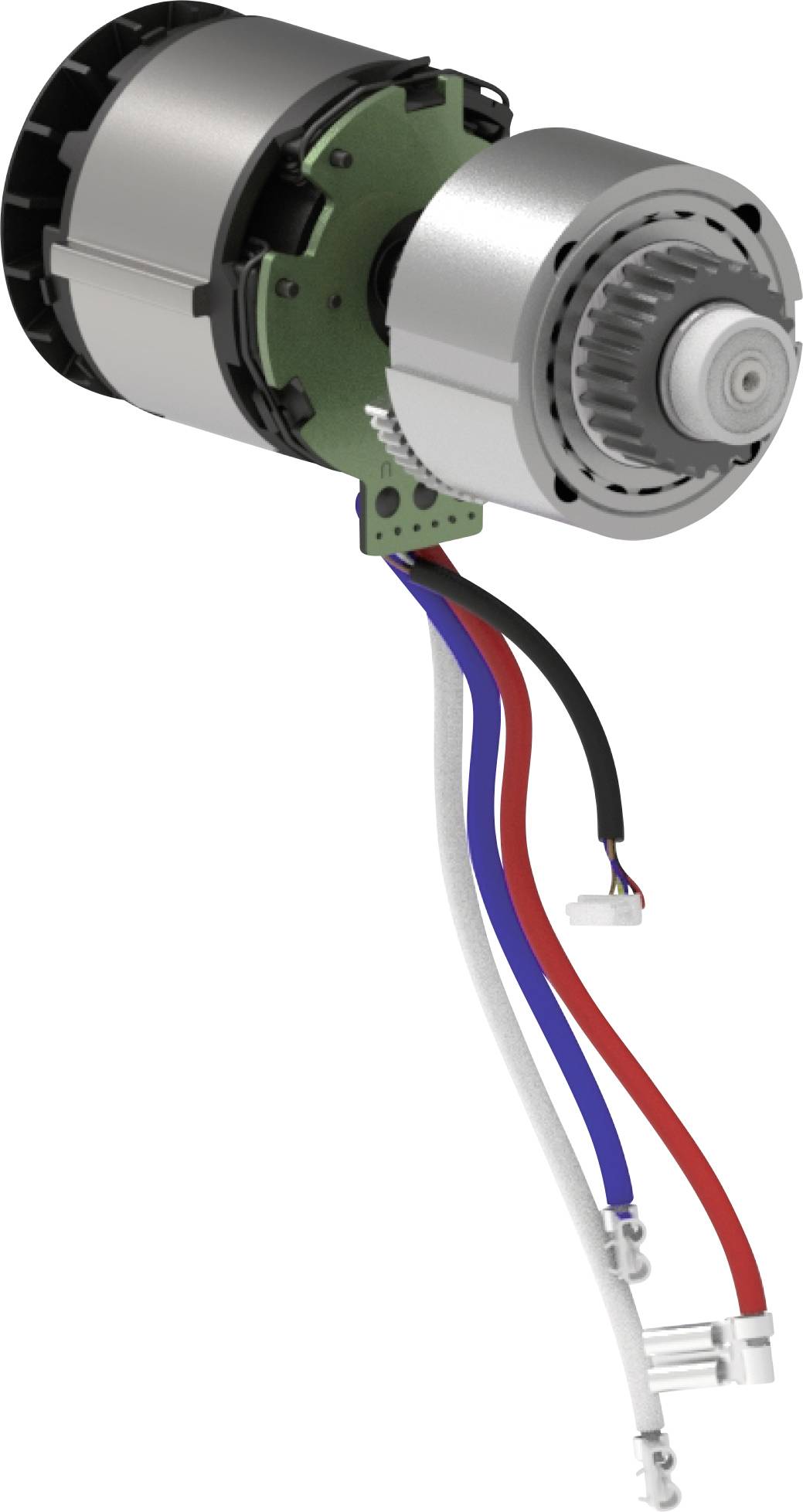 Kompakte Elektromotor-Baugruppe mit angebrachten roten, blauen, weißen und schwarzen Drähten, die unten herabhängen.