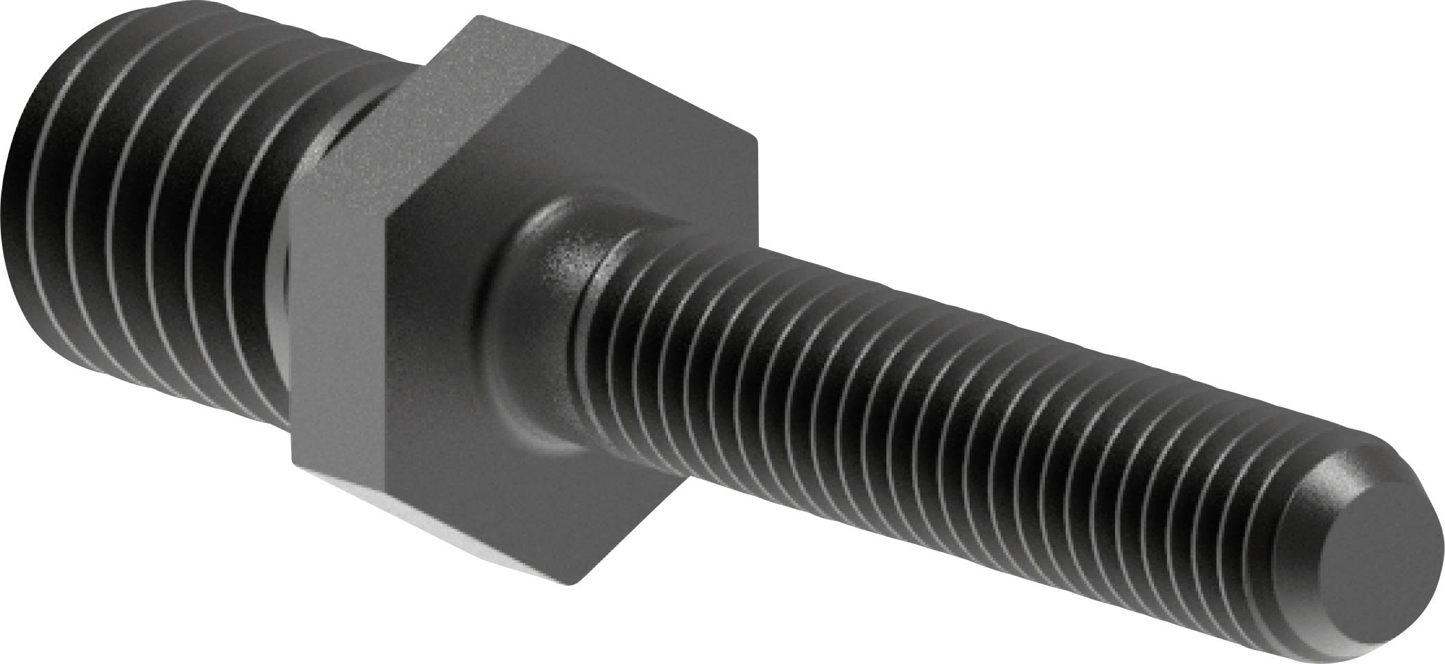 Metallgewindestab mit sechskantiger Mutter und Unterlegscheibe, dargestellt in einer 3D-technischen Illustration auf weißem Hintergrund.